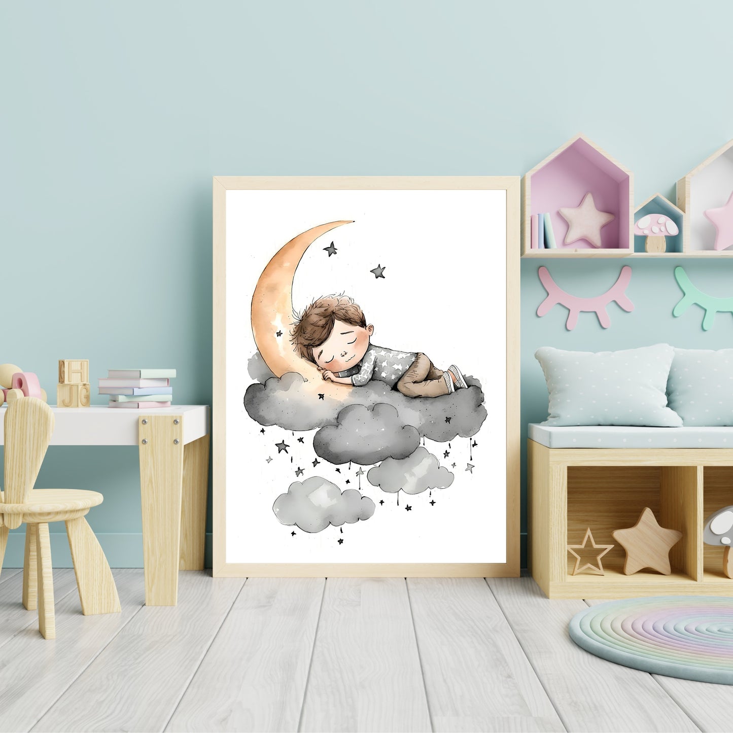 Boy sleeping moon stars wall art nursery moon clouds stars printing kids room decor Paper Poster Prints