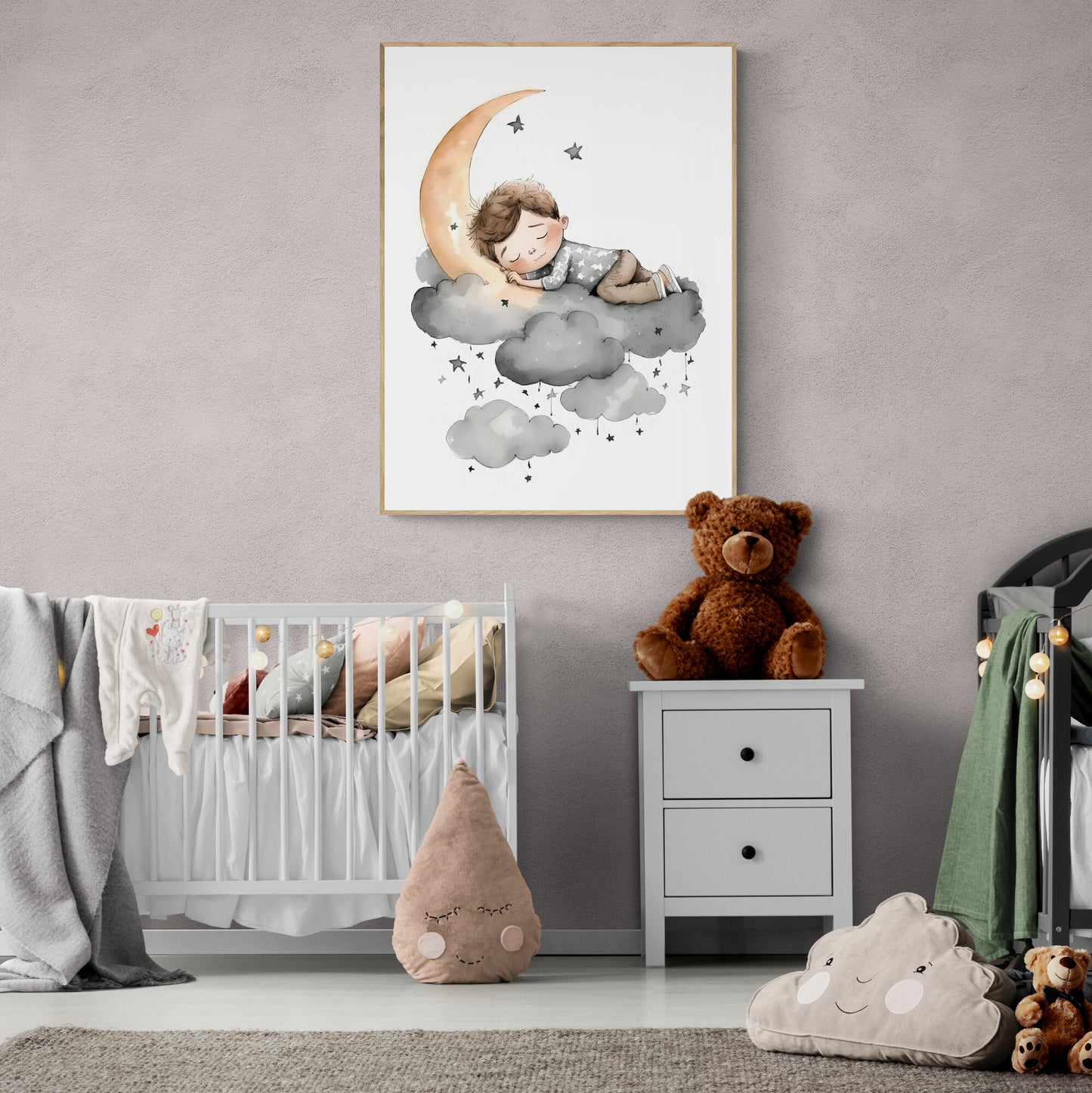 Boy sleeping moon stars wall art nursery moon clouds stars printing kids room decor Paper Poster Prints