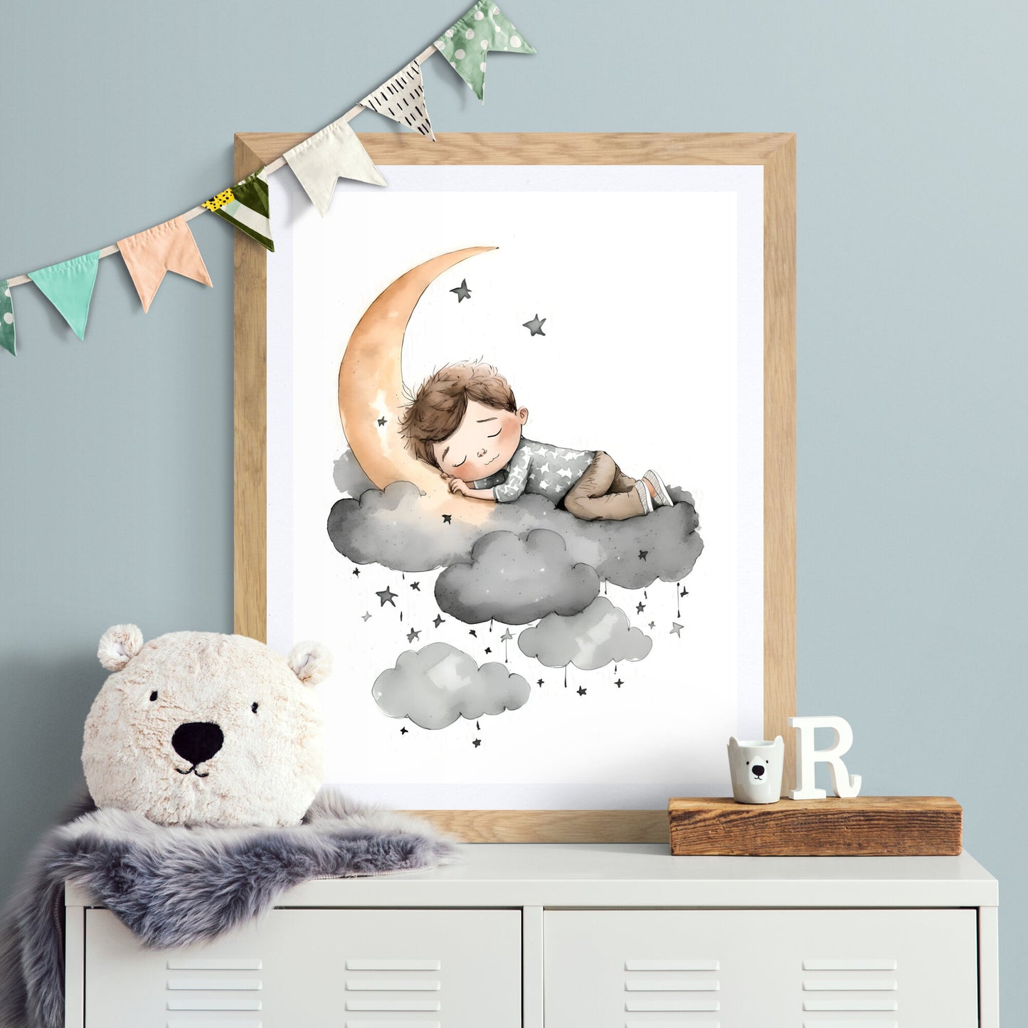 Boy sleeping moon stars wall art nursery moon clouds stars printing kids room decor Paper Poster Prints