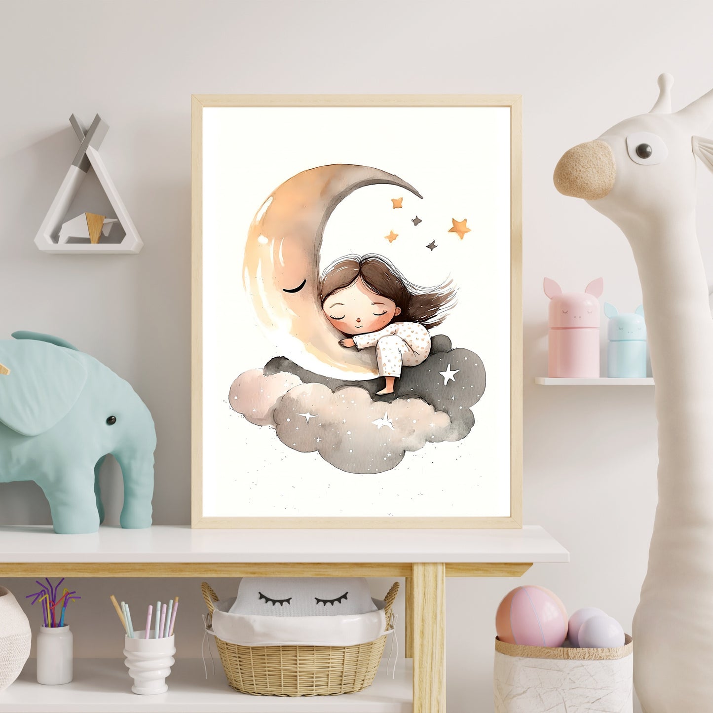 Girl sleeping moon stars wall art nursery moon clouds stars kids room decor Paper Poster Prints