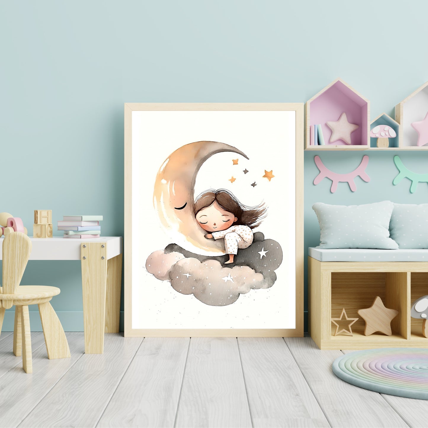 Girl sleeping moon stars wall art nursery moon clouds stars kids room decor Paper Poster Prints