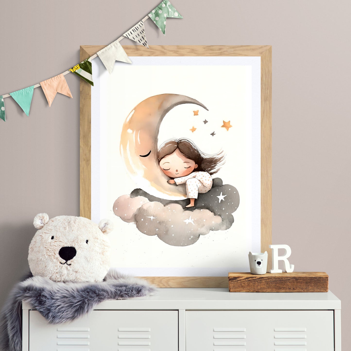 Girl sleeping moon stars wall art nursery moon clouds stars kids room decor Paper Poster Prints