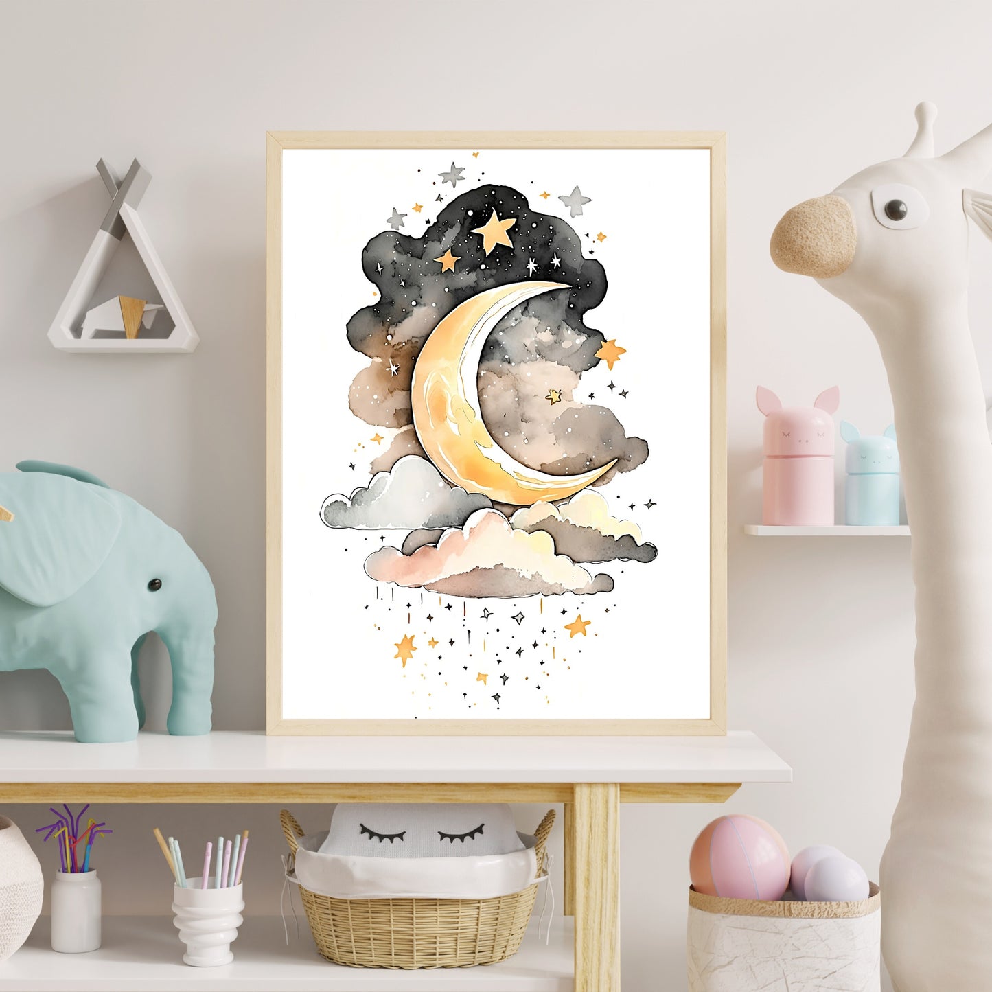 Moon, stars and clouds wall art nursery dreamy moon clouds stars printing kids room decor gift Paper Poster Prints