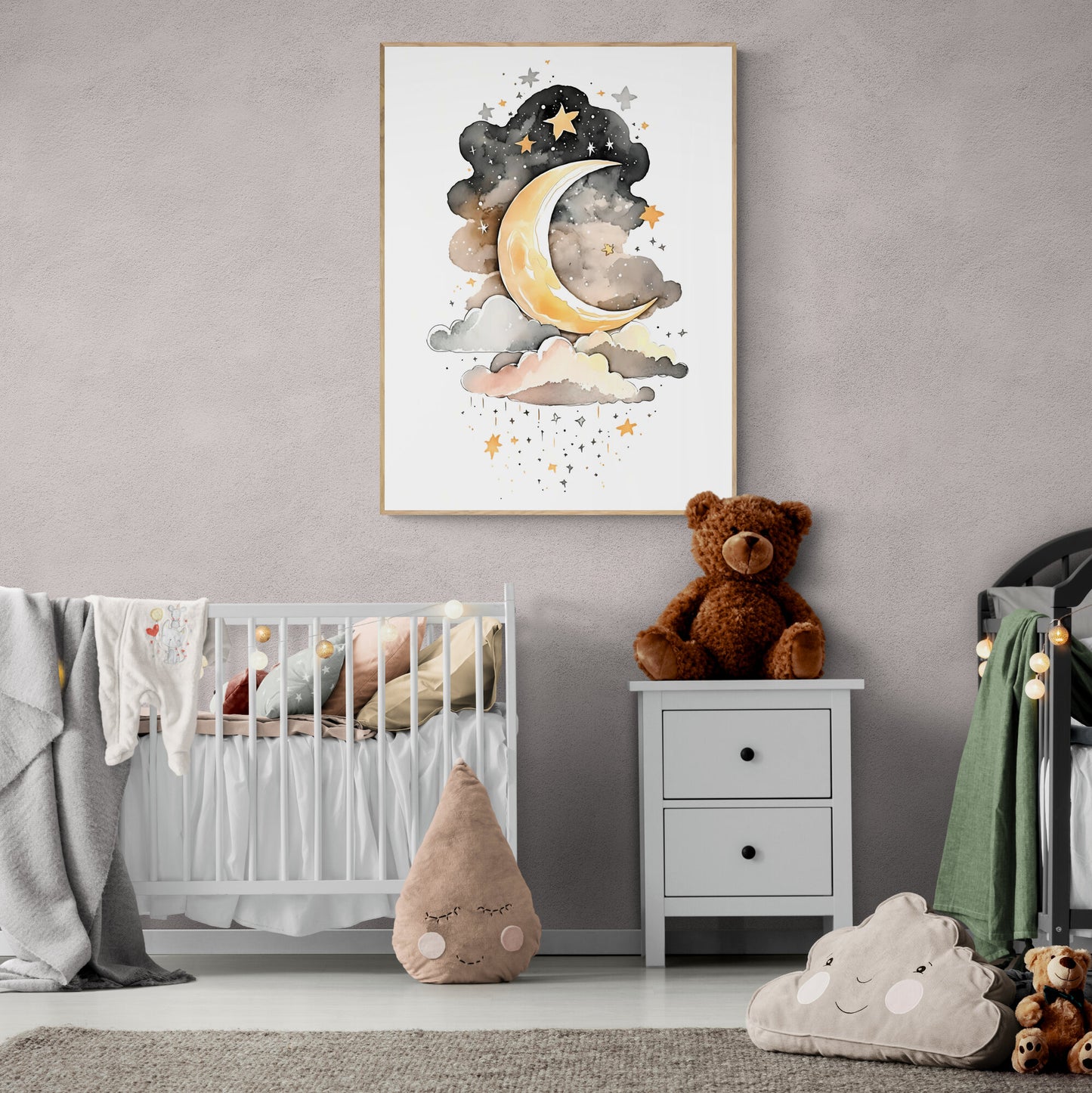 Moon, stars and clouds wall art nursery dreamy moon clouds stars printing kids room decor gift Paper Poster Prints