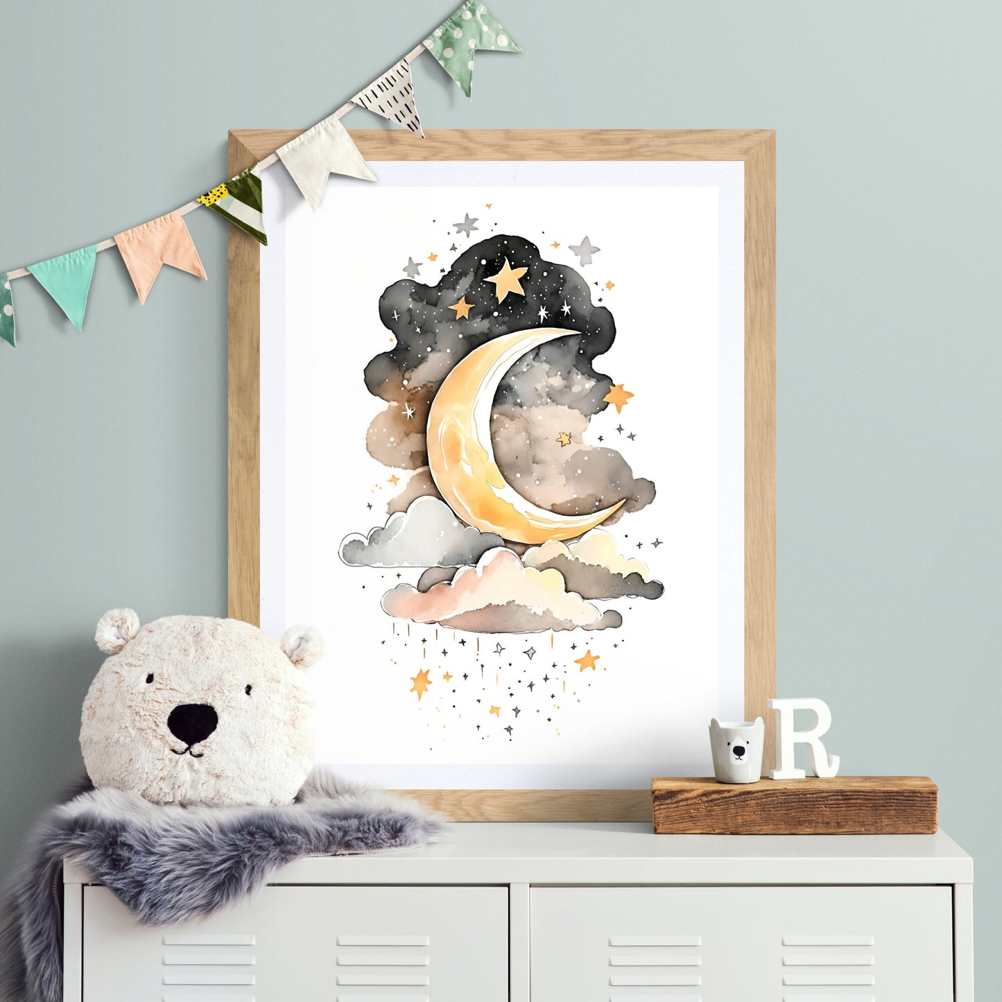 Moon, stars and clouds wall art nursery dreamy moon clouds stars printing kids room decor gift Paper Poster Prints