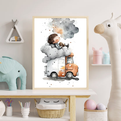Boy sleeping on a truck with stars wall art nursery clouds stars printing kids room decor Paper Poster Prints