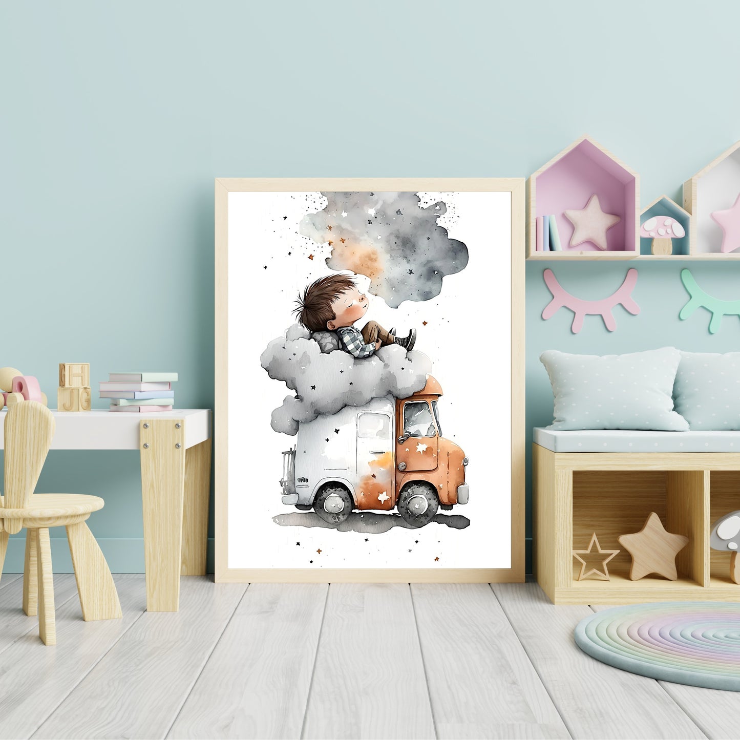 Boy sleeping on a truck with stars wall art nursery clouds stars printing kids room decor Paper Poster Prints