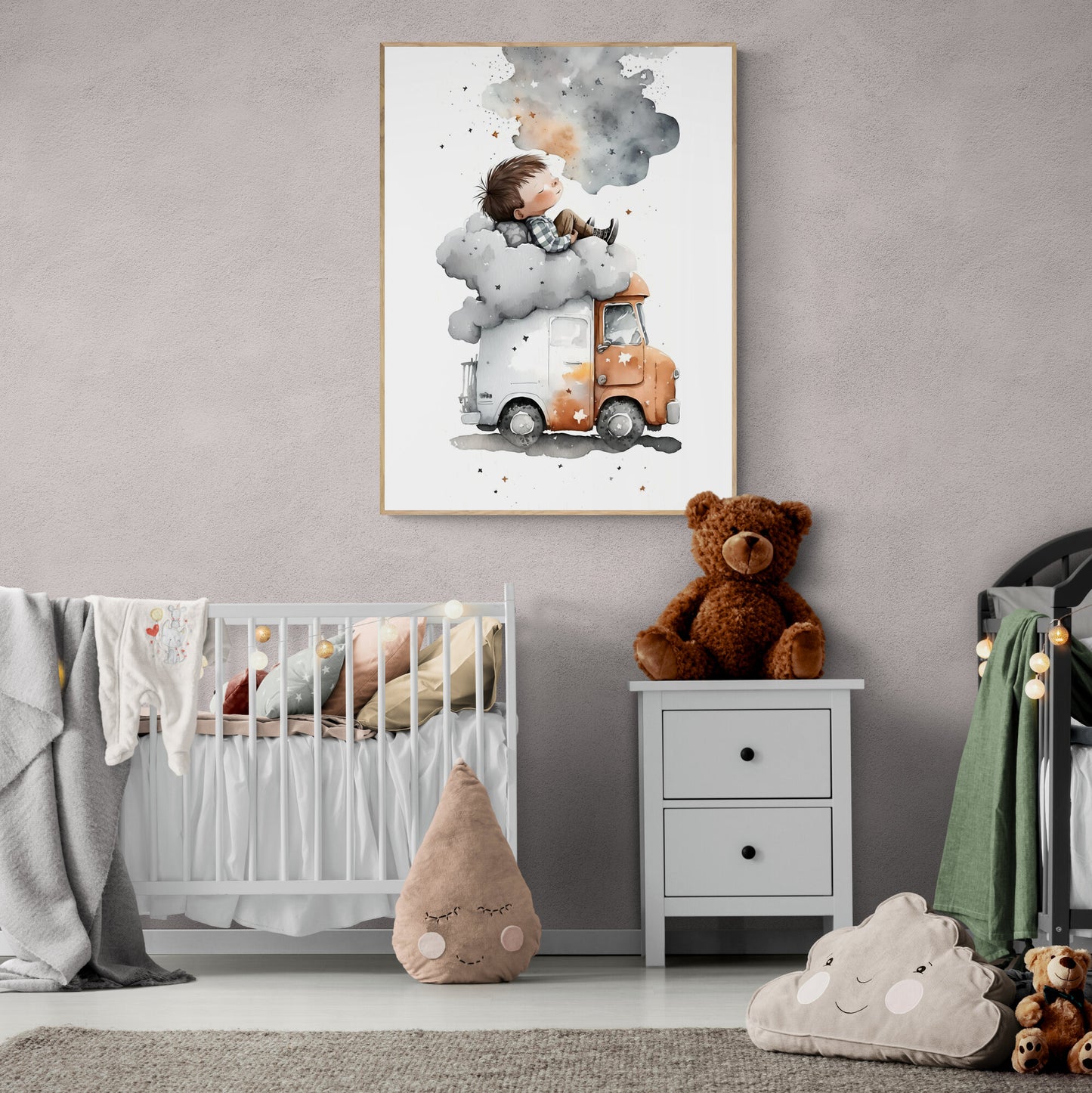 Boy sleeping on a truck with stars wall art nursery clouds stars printing kids room decor Paper Poster Prints