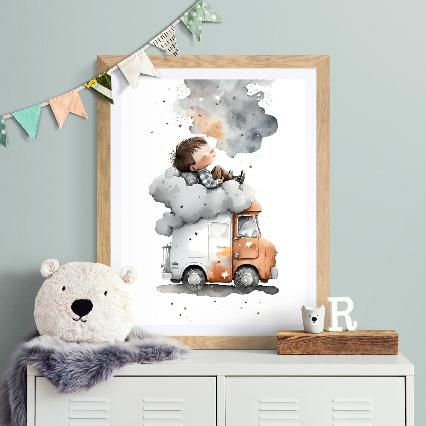 Boy sleeping on a truck with stars wall art nursery clouds stars printing kids room decor Paper Poster Prints