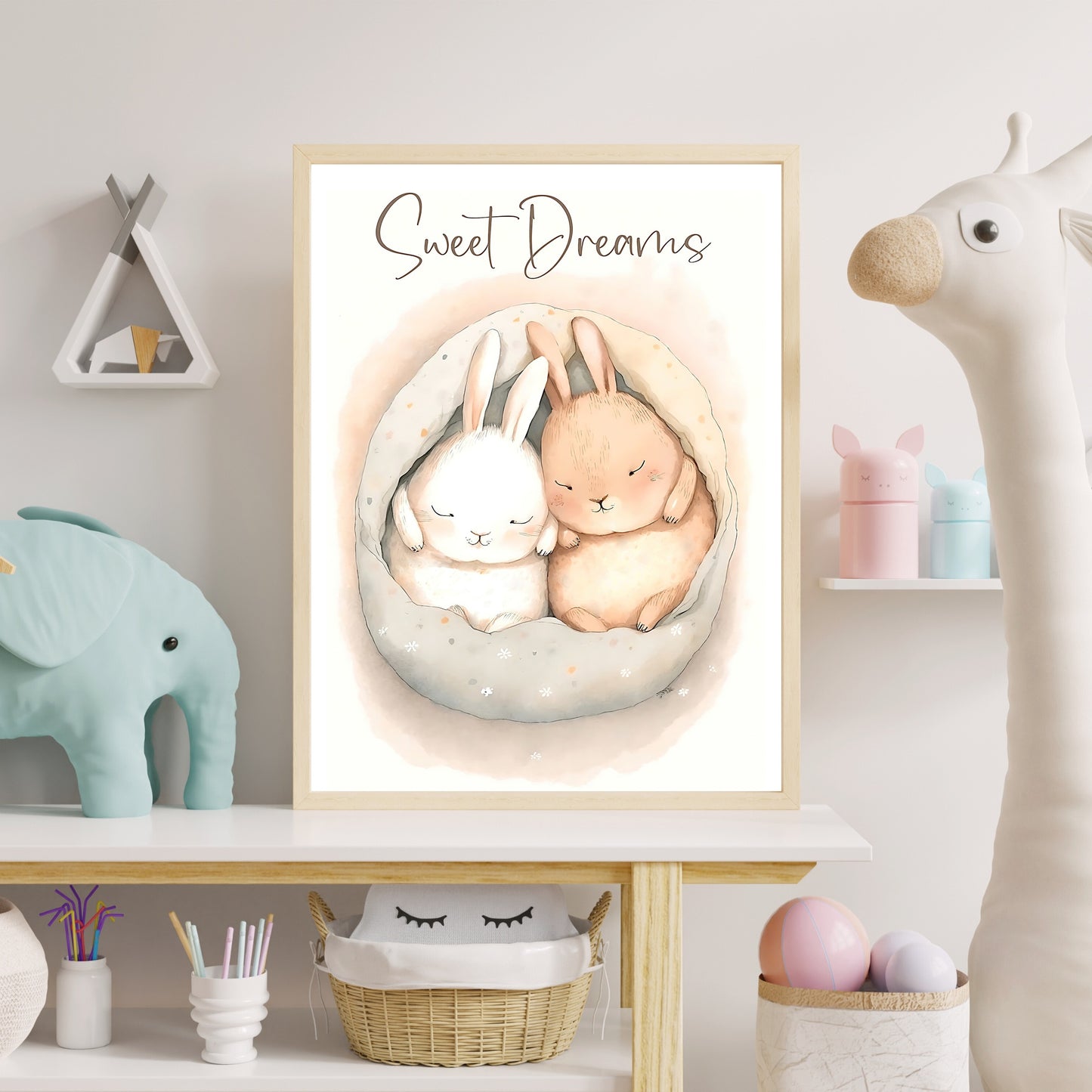 Baby bunny animal sweet dreams wall art gender neutral animal nursery bunny printing portrait Paper Poster Prints