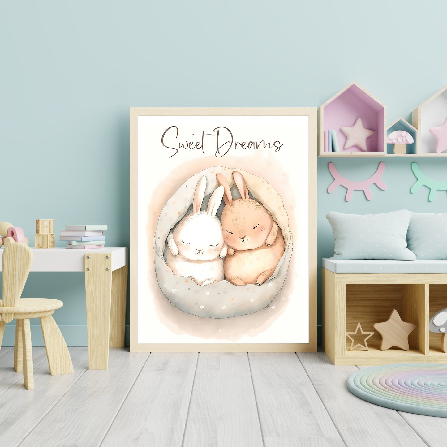 Baby bunny animal sweet dreams wall art gender neutral animal nursery bunny printing portrait Paper Poster Prints