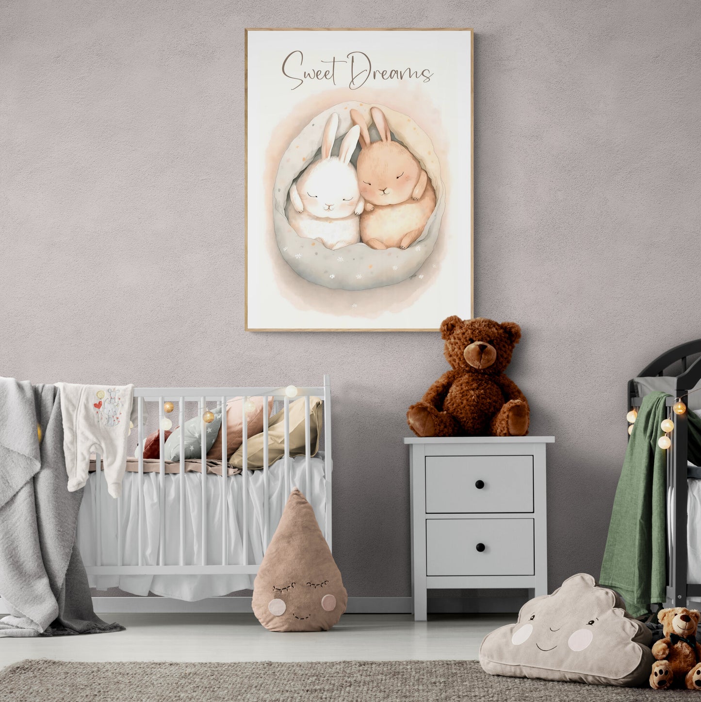 Baby bunny animal sweet dreams wall art gender neutral animal nursery bunny printing portrait Paper Poster Prints