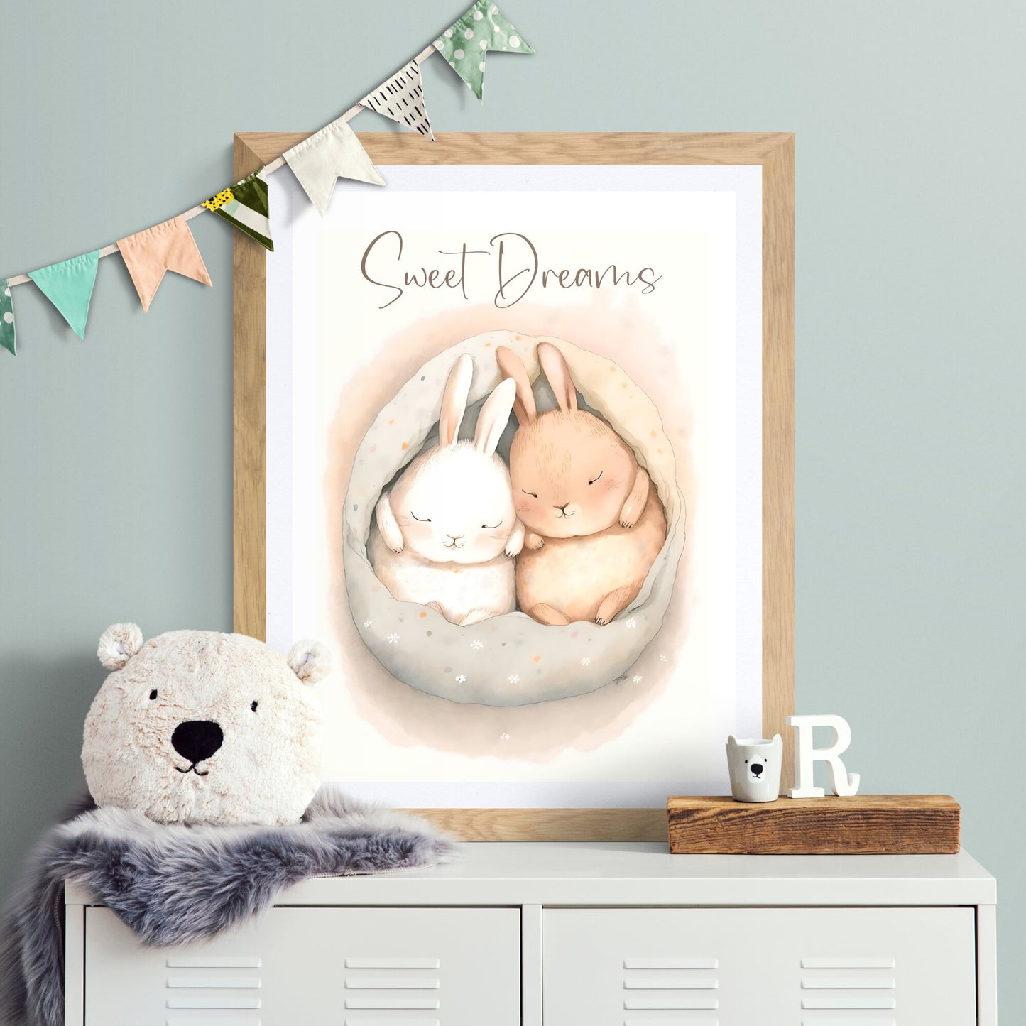 Baby bunny animal sweet dreams wall art gender neutral animal nursery bunny printing portrait Paper Poster Prints
