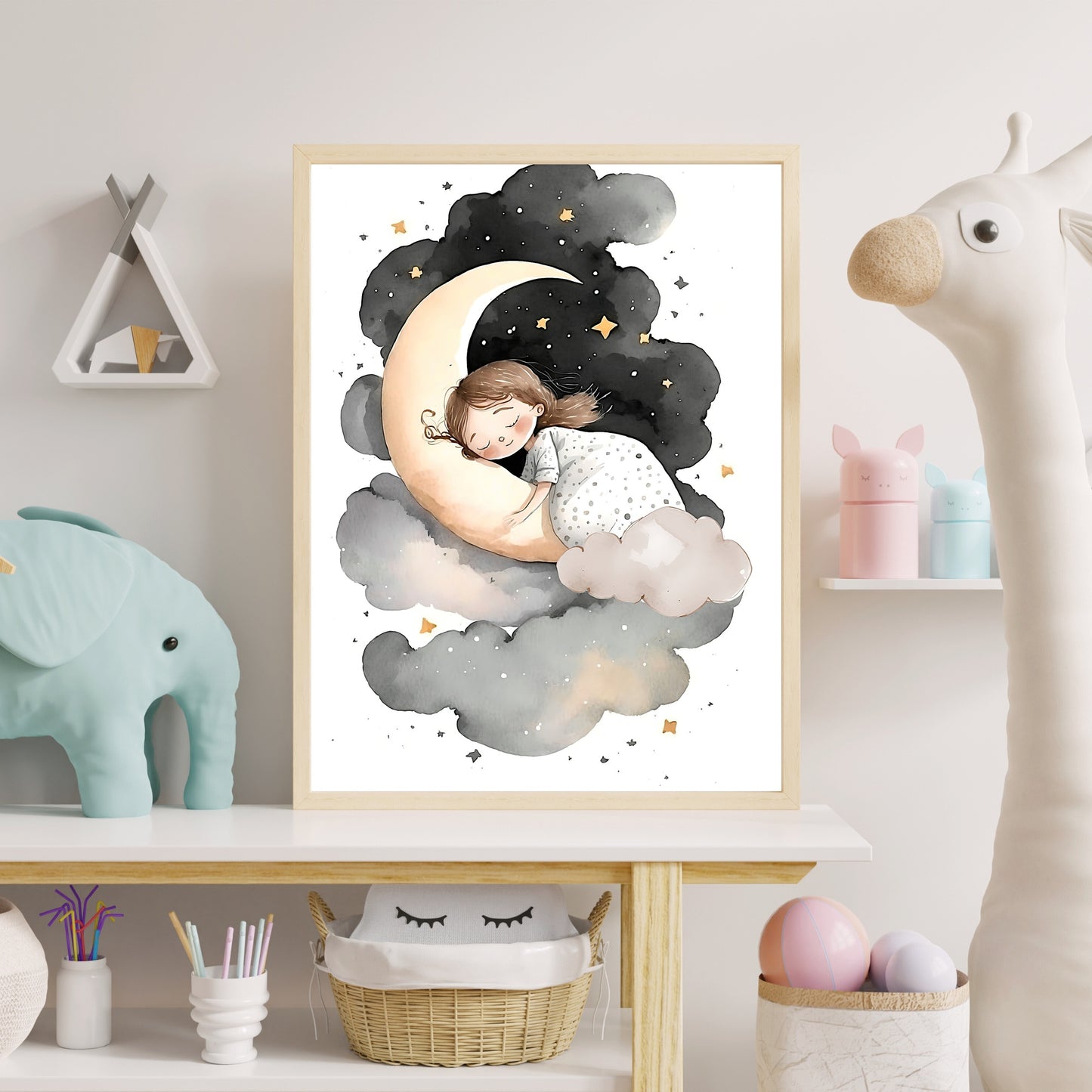 Girl sleeping on moon and stars wall art nursery moon clouds stars printing kids room decor Paper Poster Prints