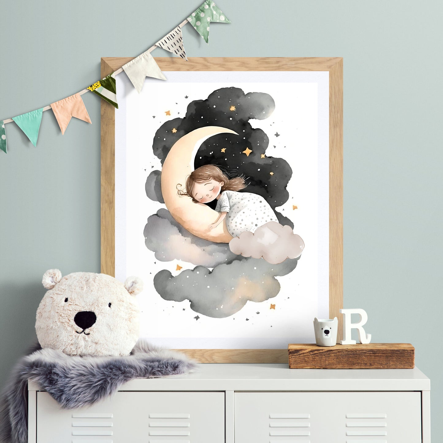 Girl sleeping on moon and stars wall art nursery moon clouds stars printing kids room decor Paper Poster Prints