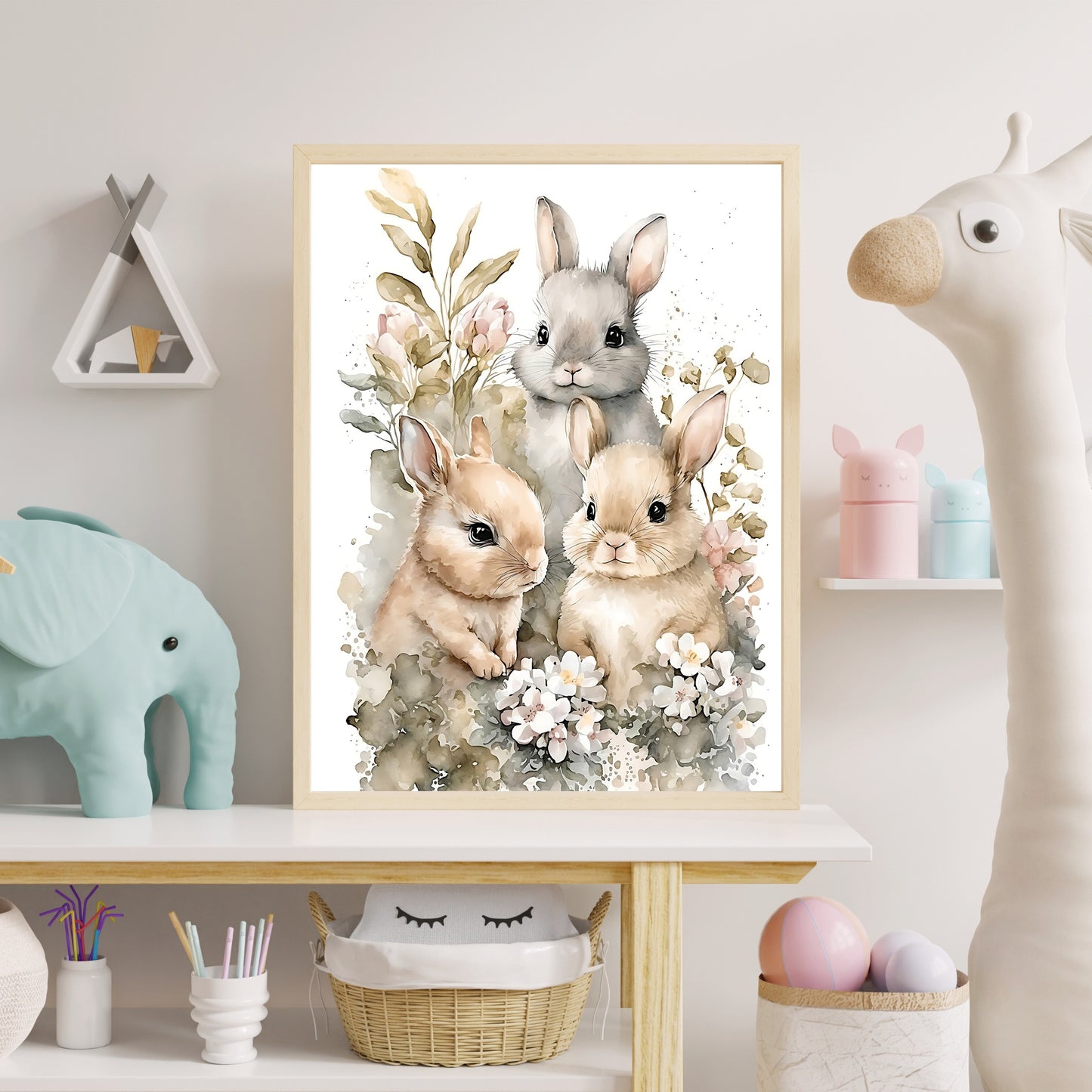 Babyhase mit Blumen Tierwandkunst geschlechtsneutrales Tierkinderzimmer Hase Druck Blumen Babyhase Porträt Papierposterdrucke