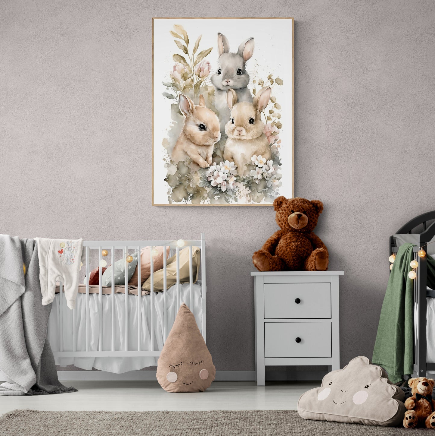 Baby bunny with flowers animal wall art gender neutral animal nursery bunny printing flowers baby bunny portrait Paper Poster Prints