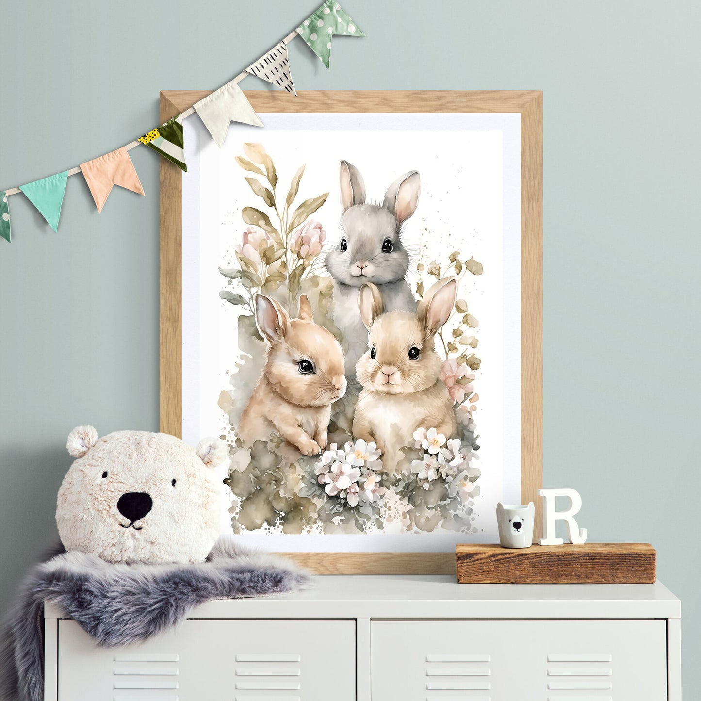 Babyhase mit Blumen Tierwandkunst geschlechtsneutrales Tierkinderzimmer Hase Druck Blumen Babyhase Porträt Papierposterdrucke