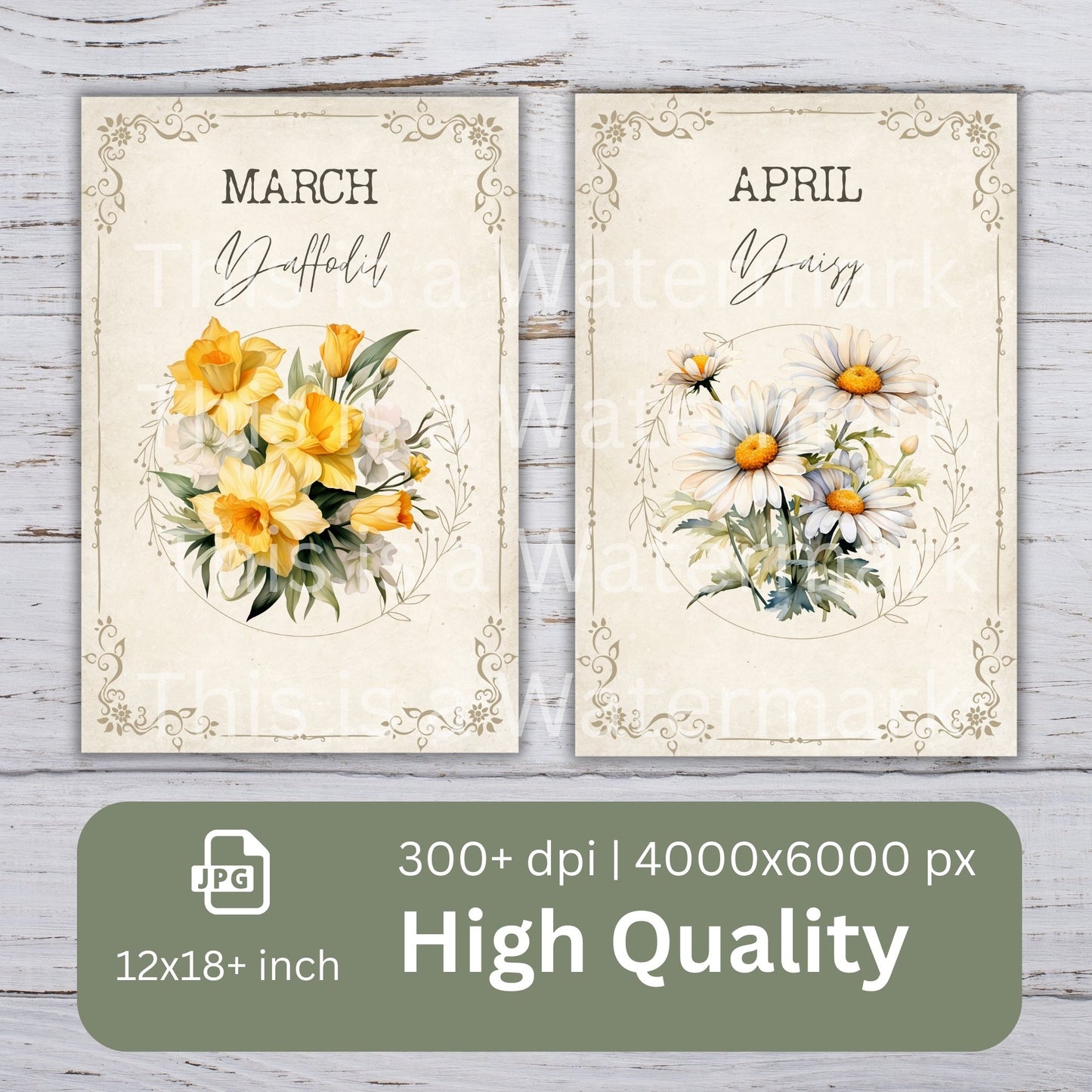 Geburtsmonat-Blumenkarte, 12 x digitales Papier-Clip-Art-Bundle, Aquarell, digitales Basteln, Design, Geburtstag, Druck, Schöpfer, grafische botanische Clipart