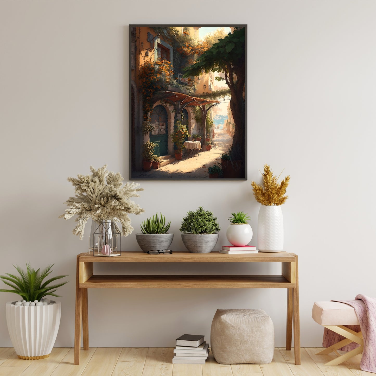Mediterranean Paper Poster Prints Vintage Oil Painting & Digital Wall Art of Tuscany European Cafe & Old City Prints, Blooming Flowers, Italy Painting