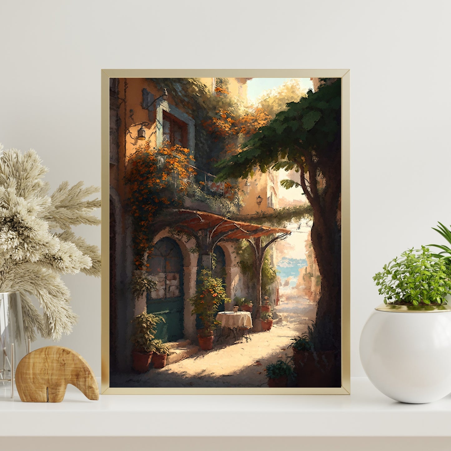 Mediterranean Paper Poster Prints Vintage Oil Painting & Digital Wall Art of Tuscany European Cafe & Old City Prints, Blooming Flowers, Italy Painting