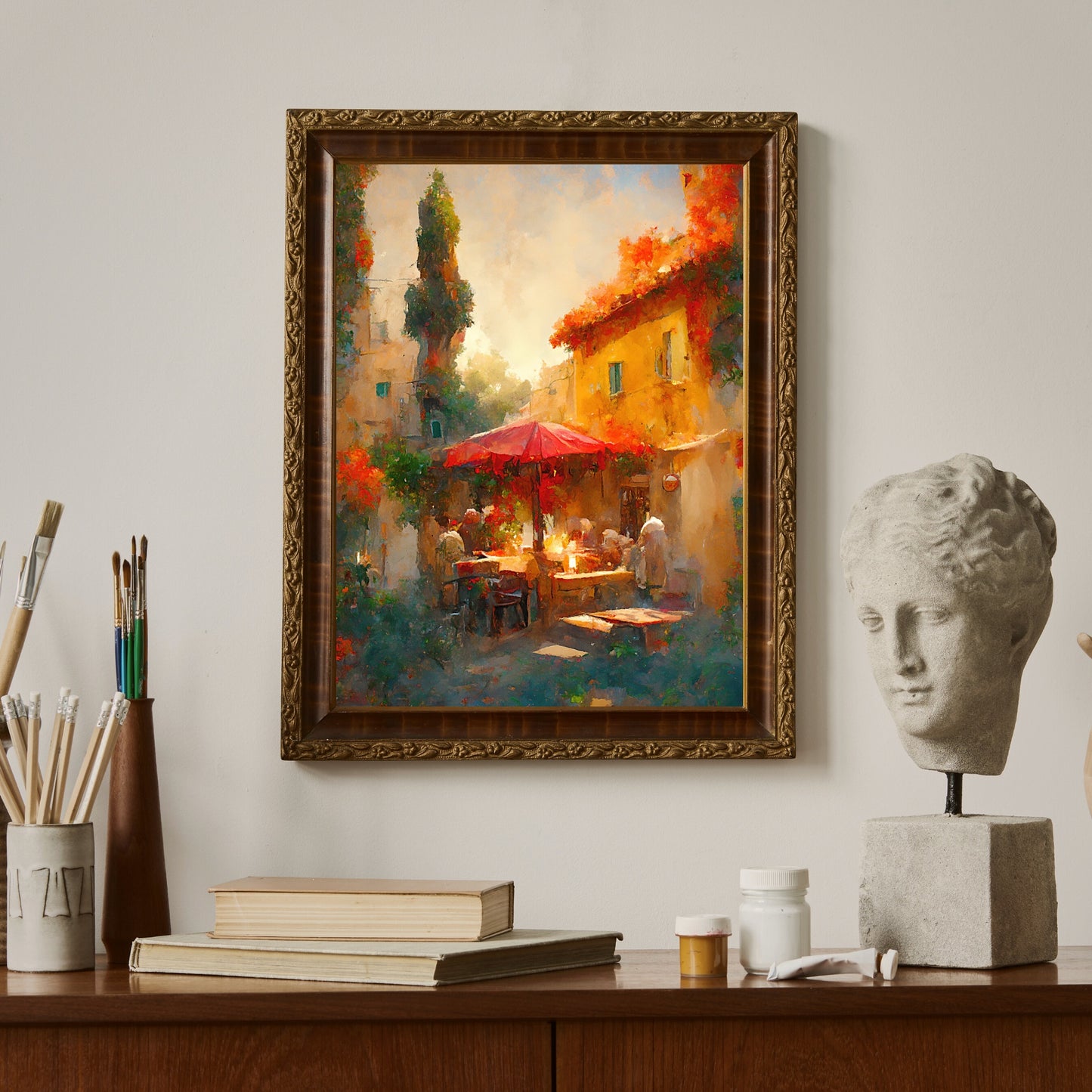 Mediterranean Paper Poster Prints Vintage Oil Painting & Wall Art of Tuscany, European Cafe & Old City Prints, Blooming Flowers, Italy Painting