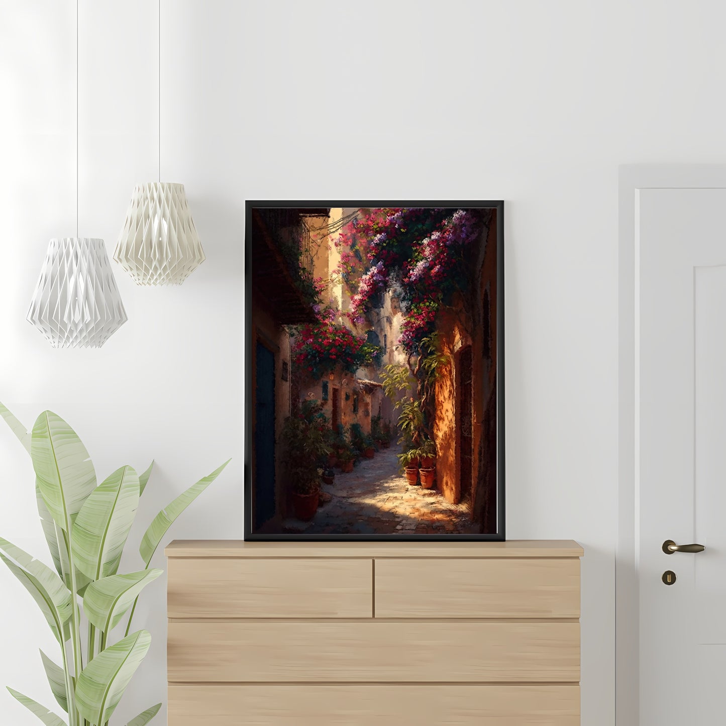 Mediterranean Paper Poster Prints Vintage Oil Painting & Wall Art of Old Town, Old City Alley Prints, Blooming Flowers, Spain Painting