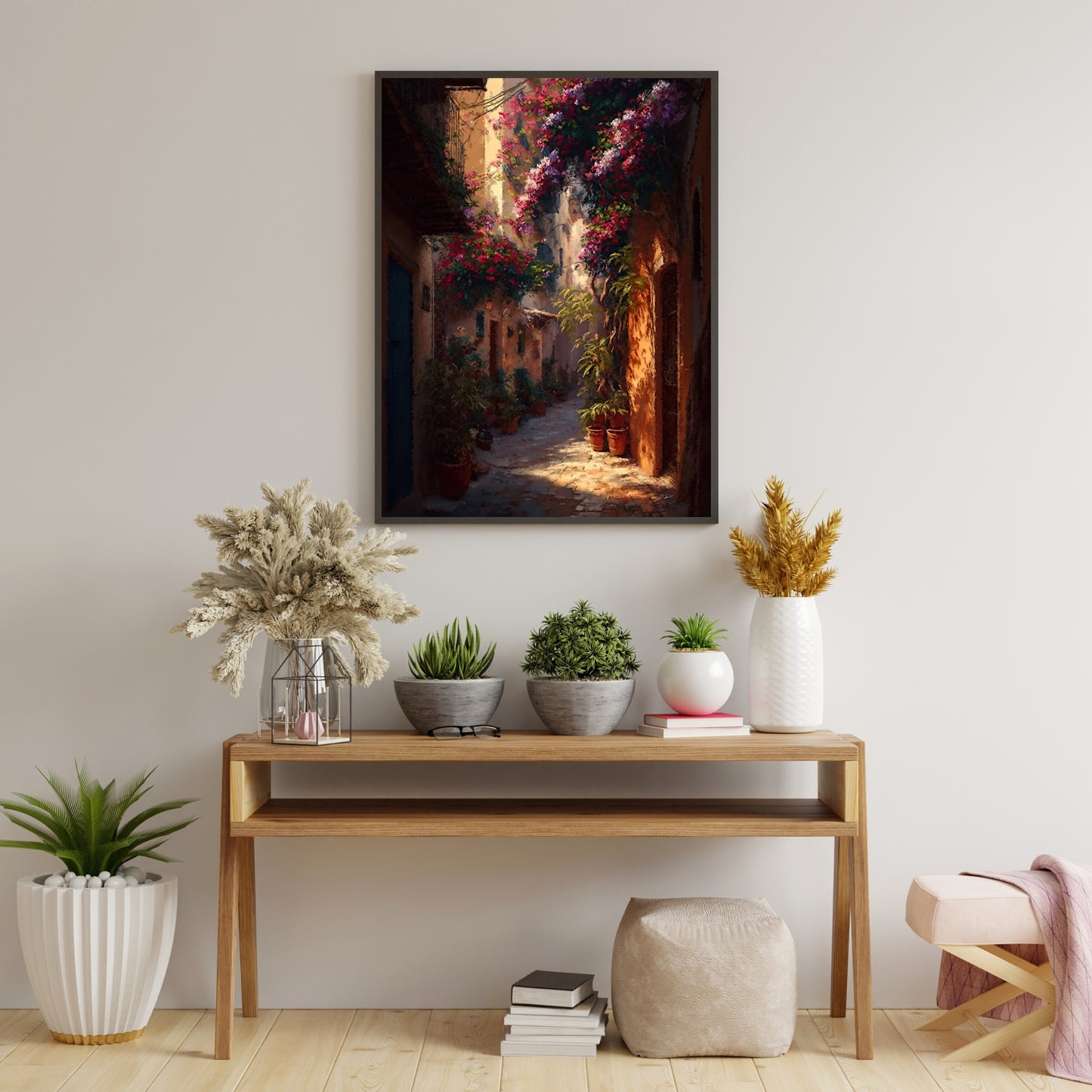 Mediterranean Paper Poster Prints Vintage Oil Painting & Wall Art of Old Town, Old City Alley Prints, Blooming Flowers, Spain Painting