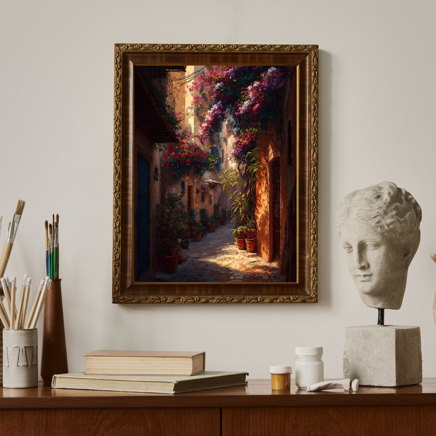 Mediterranean Paper Poster Prints Vintage Oil Painting & Wall Art of Old Town, Old City Alley Prints, Blooming Flowers, Spain Painting
