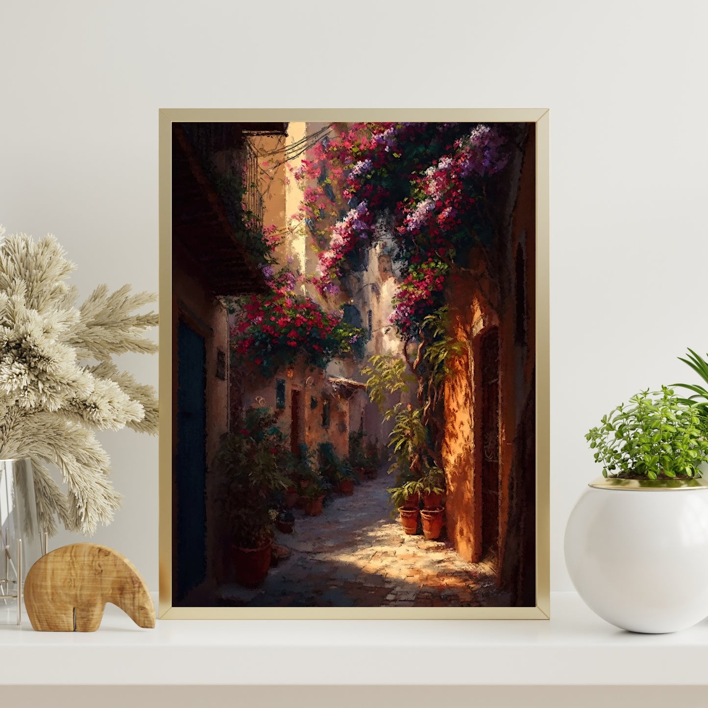 Mediterranean Paper Poster Prints Vintage Oil Painting & Wall Art of Old Town, Old City Alley Prints, Blooming Flowers, Spain Painting