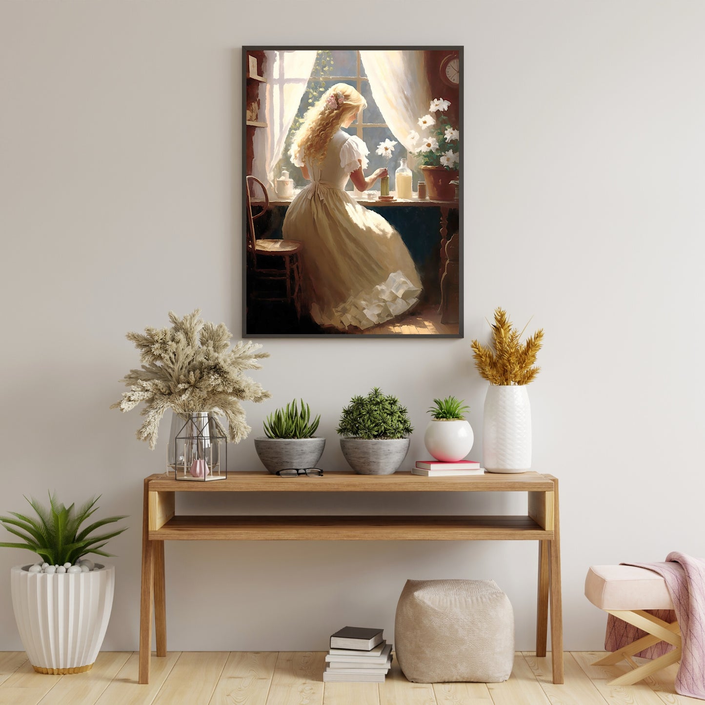 Antique Portrait Woman Working Paper Poster Prints Vintage Oil Painting & Wall Art of victorian Woman working in front of a window, Vintage Wall Art