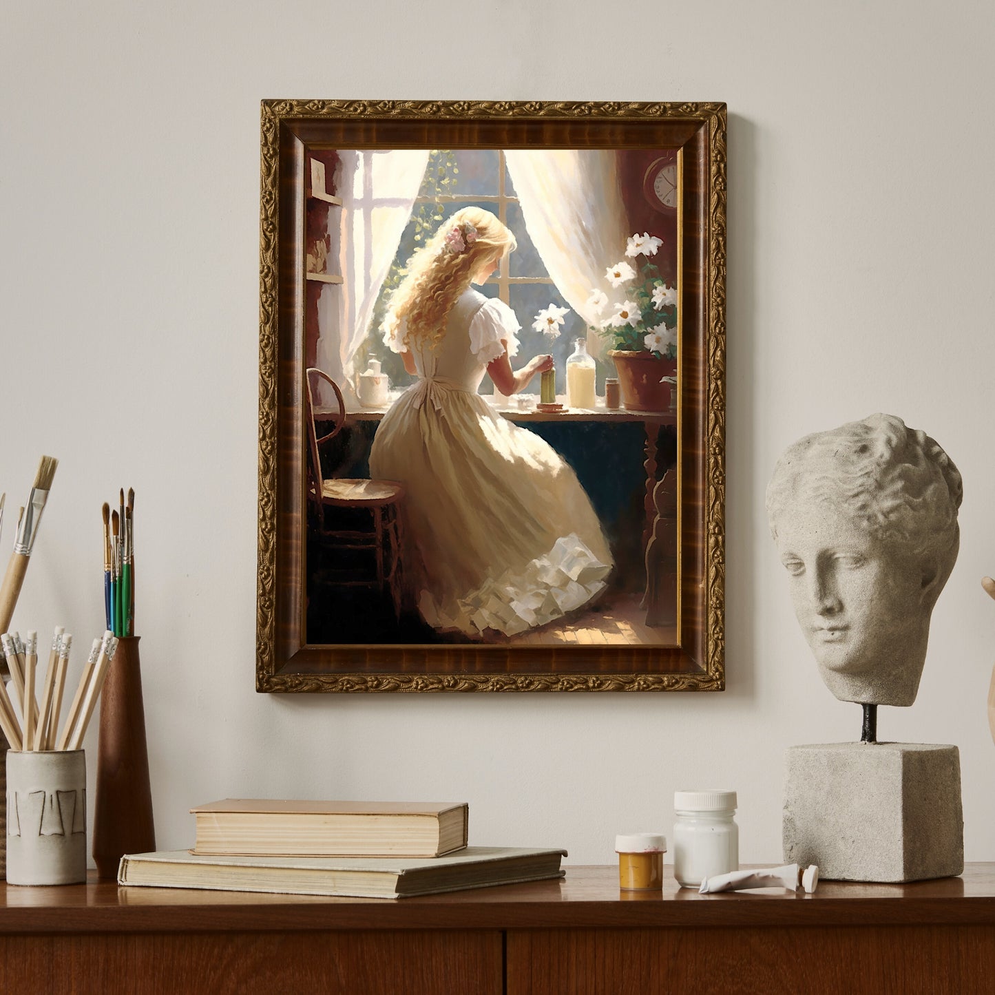Antique Portrait Woman Working Paper Poster Prints Vintage Oil Painting & Wall Art of victorian Woman working in front of a window, Vintage Wall Art