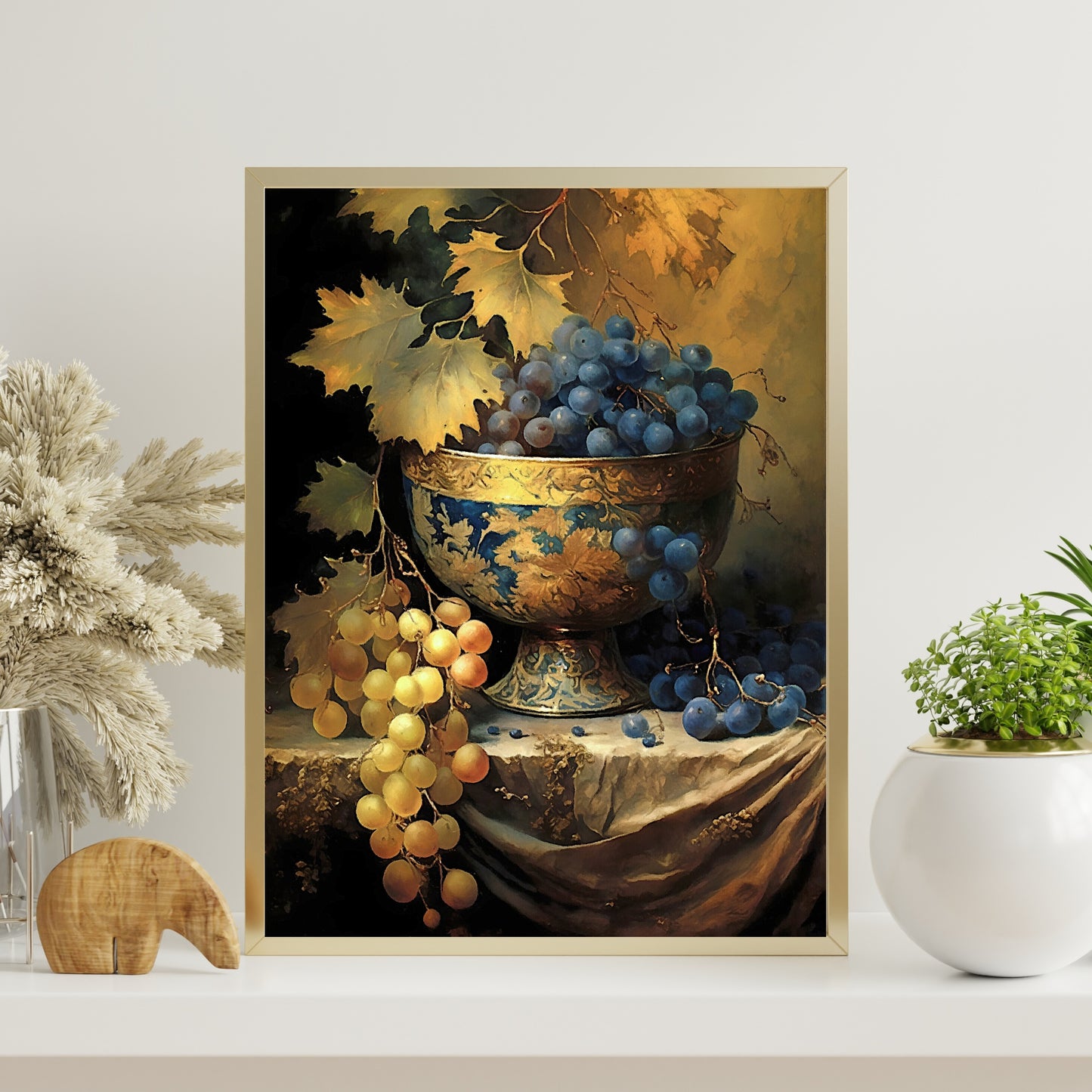 Still Life Painting Grapes Paper Poster Prints Vintage Oil Painting & Wall Art of goblet full with grapes, Antique Painting, moody, Vintage Wall Art