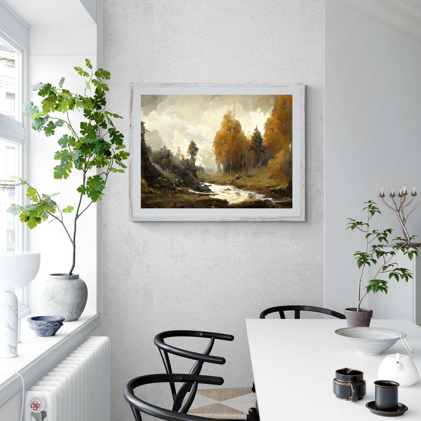 Autumn Landscape Painting Paper Poster Prints Vintage Oil Painting & Wall Art of a River between Autumn Woodland, Impressionistic Art