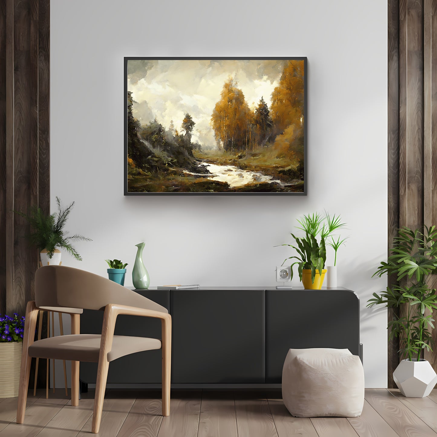 Autumn Landscape Painting Paper Poster Prints Vintage Oil Painting & Wall Art of a River between Autumn Woodland, Impressionistic Art
