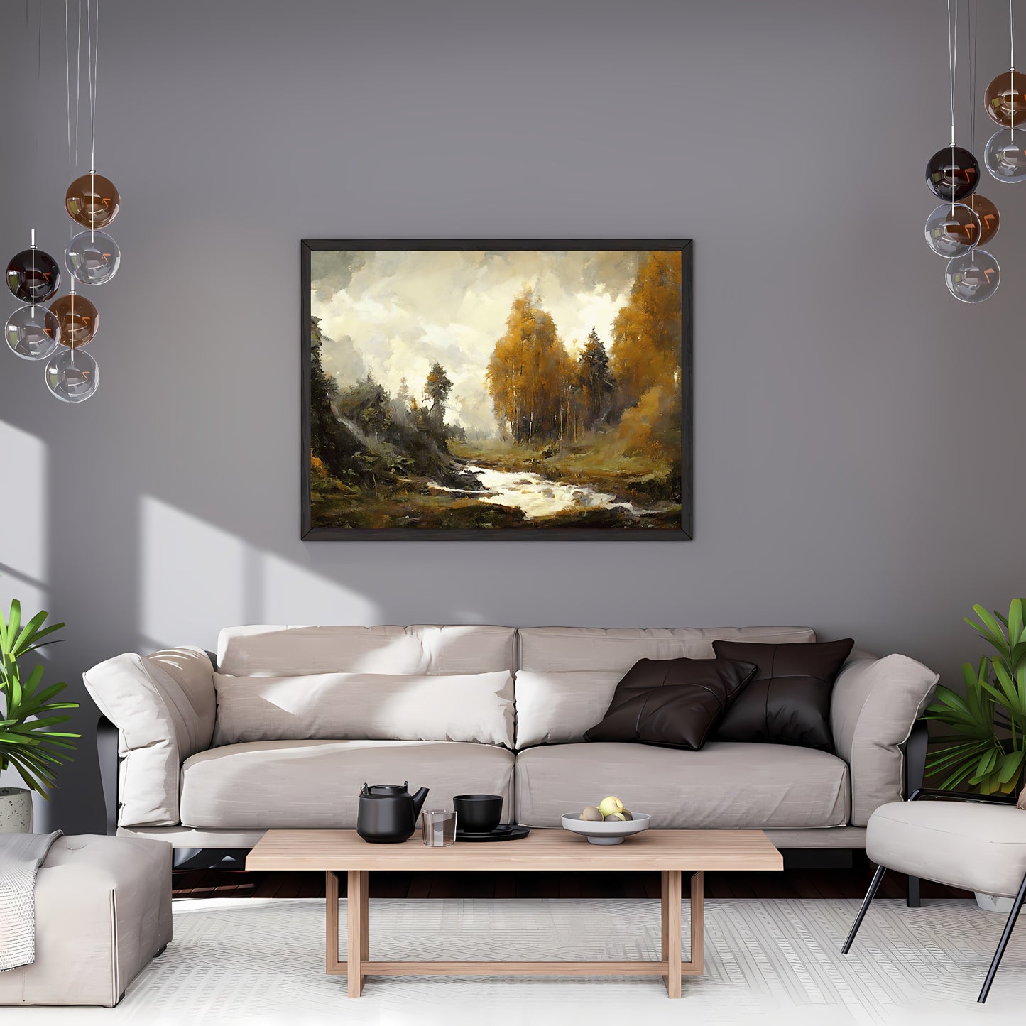 Autumn Landscape Painting Paper Poster Prints Vintage Oil Painting & Wall Art of a River between Autumn Woodland, Impressionistic Art