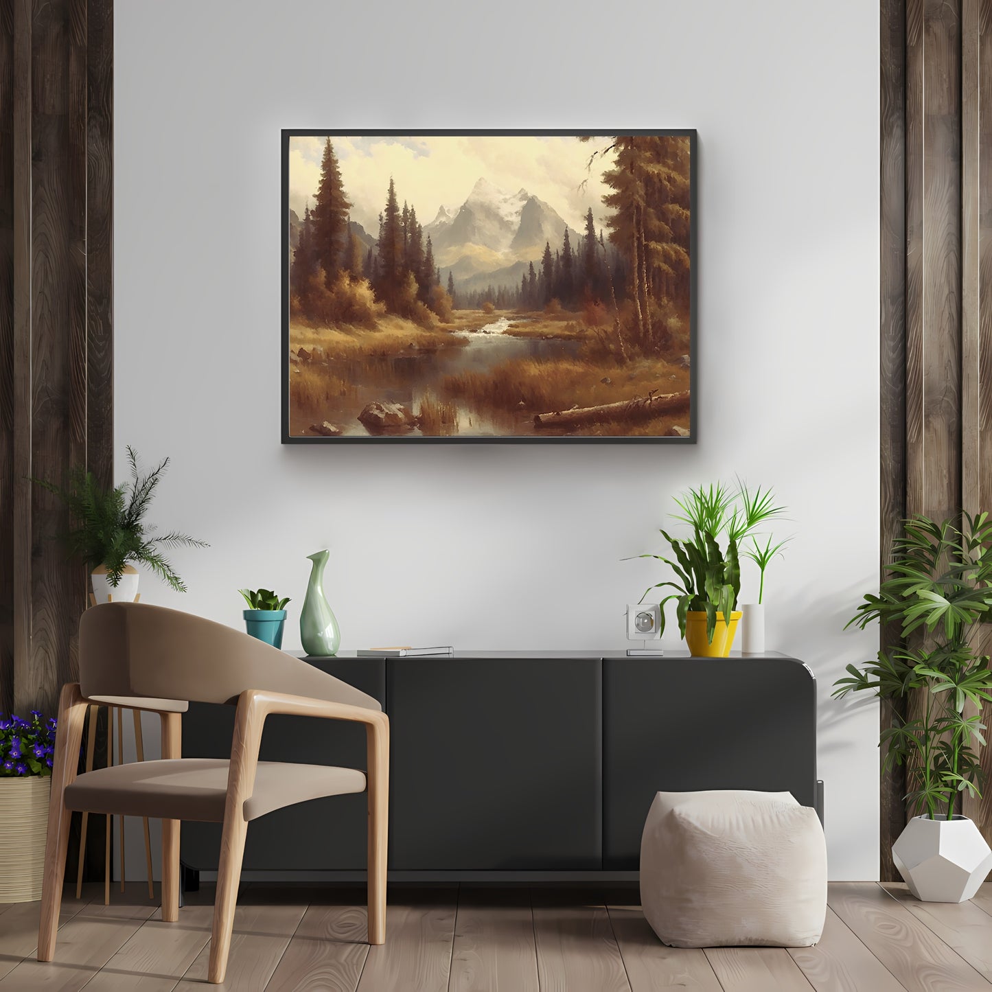 Autumn Landscape Painting Paper Poster Prints Vintage Oil Painting & Wall Art of a River between Autumn Woodland, Impressionistic Art