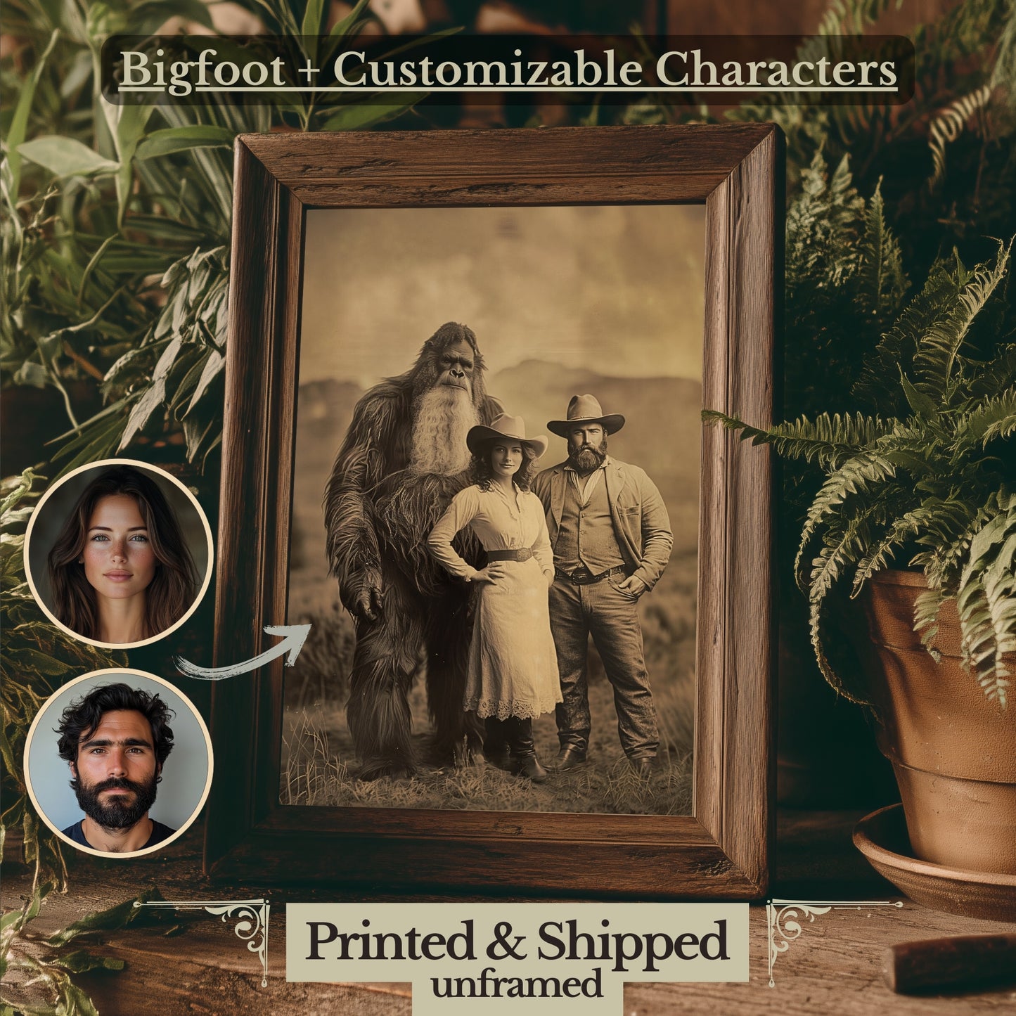 Bigfoot Anpassbare Wandkunst-Druck – Vintage-Fotografie Personalisierter Sasquatch-Druck - 4 Charaktere für Gesichtstausch möglich