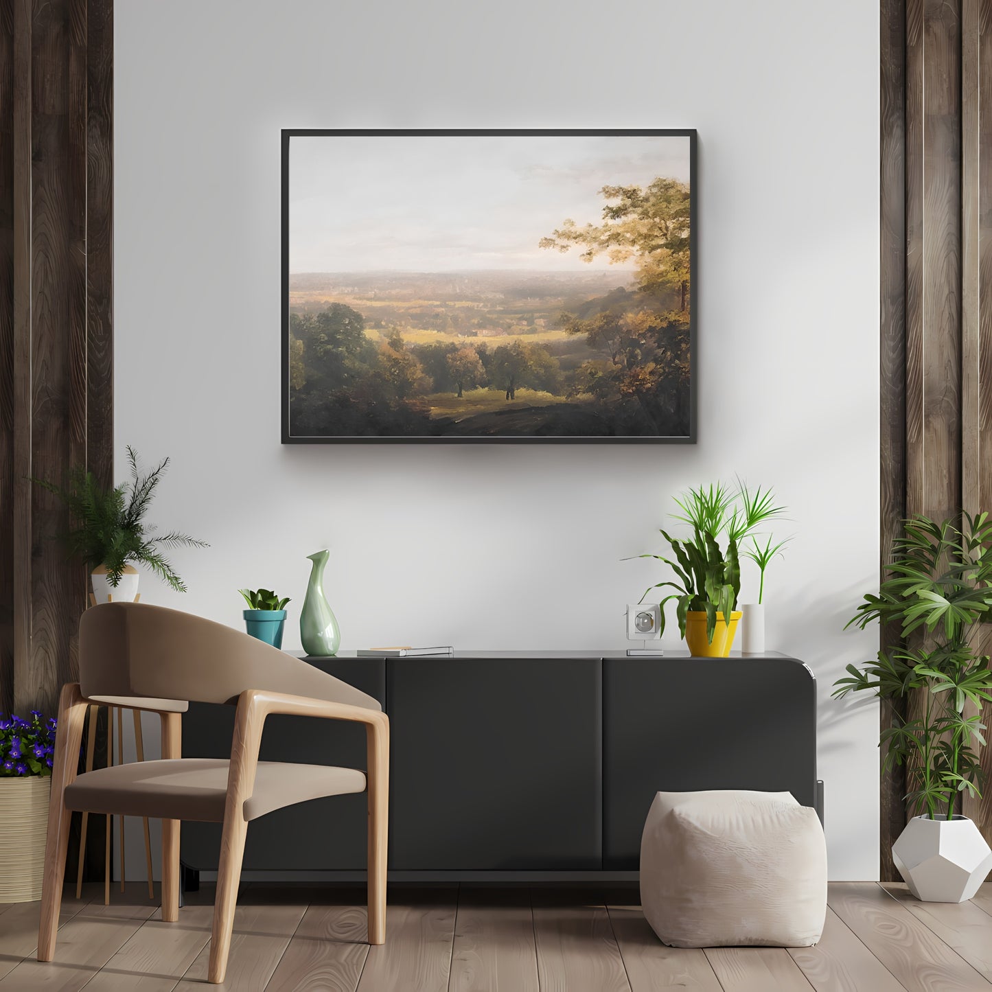 Vintage Country Landscape Painting Paper Poster Prints Vintage Oil Painting & Digital Wall Art Country panorama view onto a city, Antique art