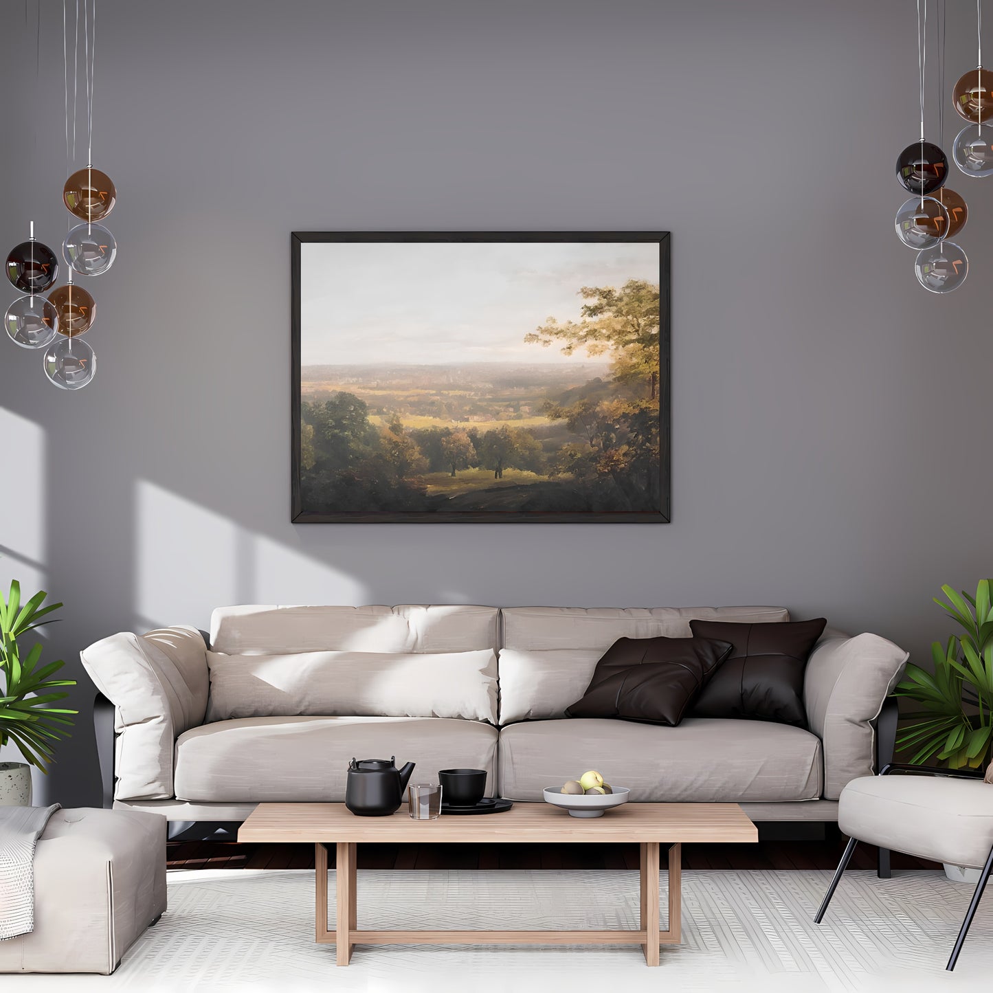 Vintage Country Landscape Painting Paper Poster Prints Vintage Oil Painting & Digital Wall Art Country panorama view onto a city, Antique art