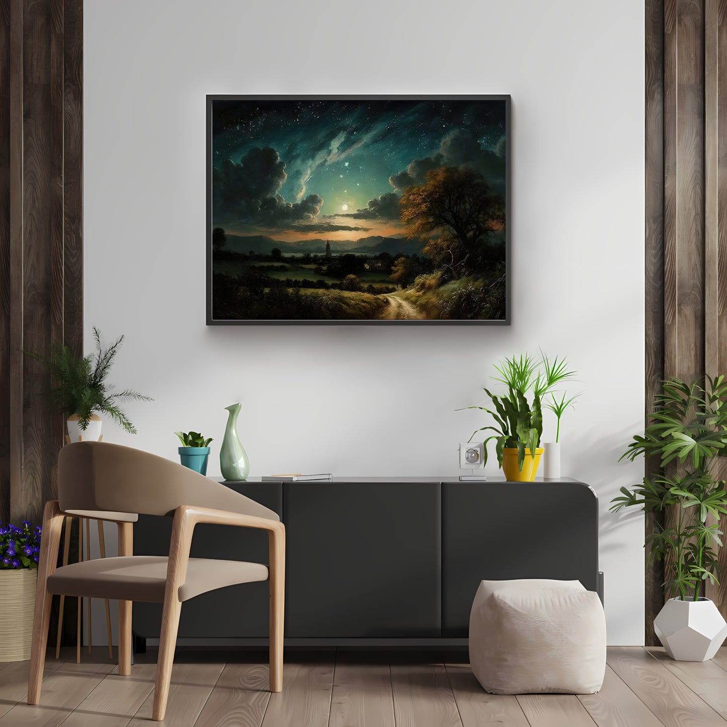 Vintage Star Gazing Nightsky Paper Poster Prints Vintage Oil Painting & Wall Art Village at full moon with star night sky
