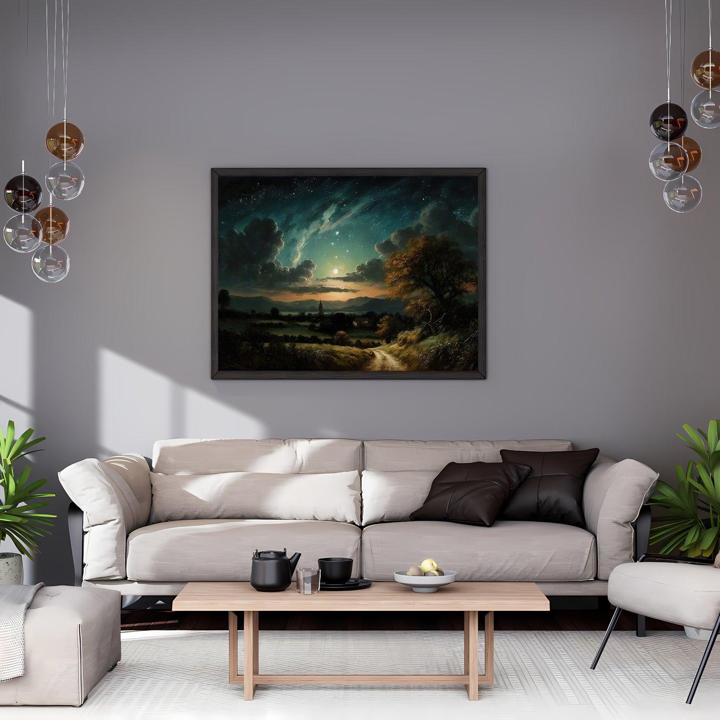 Vintage Star Gazing Nightsky Paper Poster Prints Vintage Oil Painting & Wall Art Village at full moon with star night sky