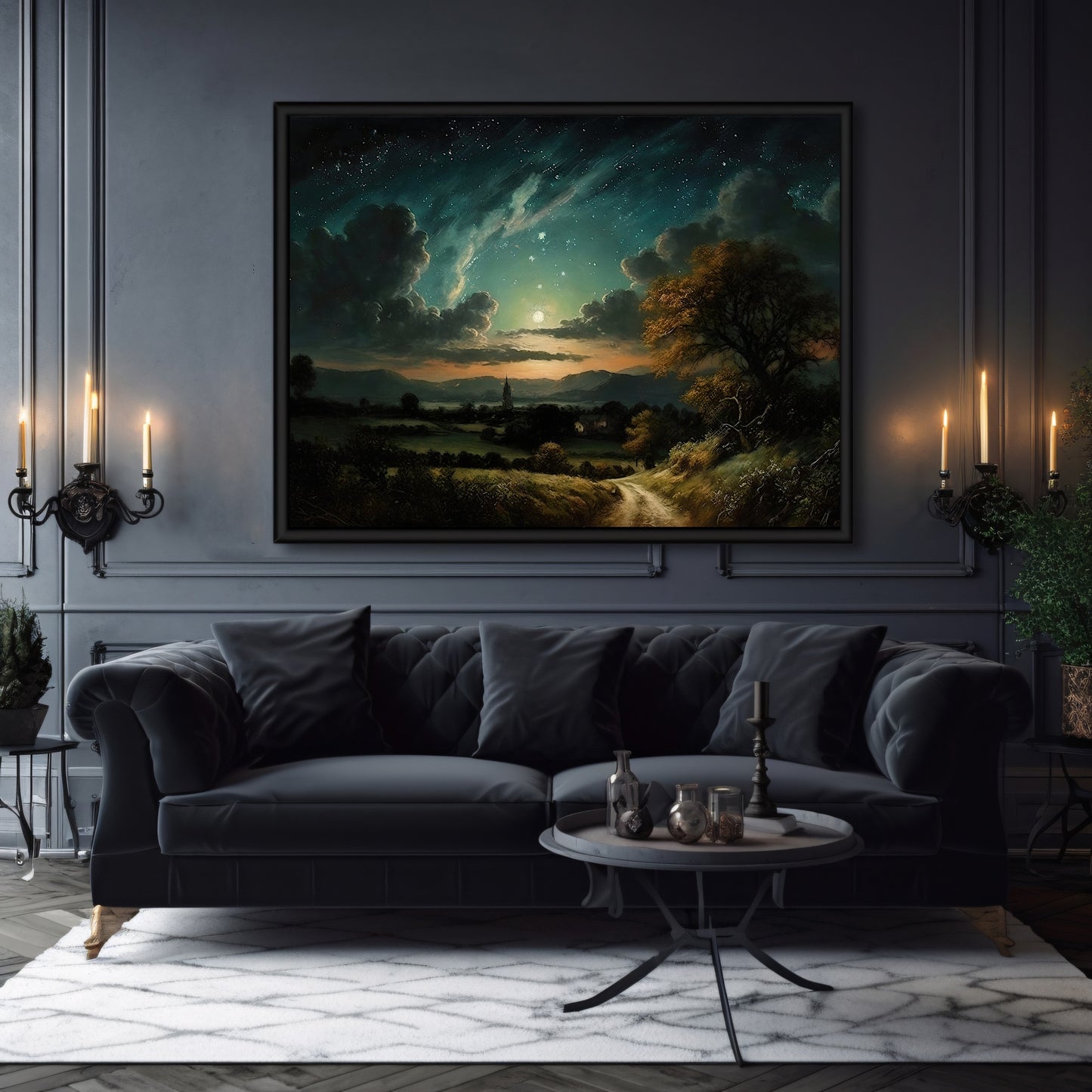 Vintage Star Gazing Nightsky Paper Poster Prints Vintage Oil Painting & Wall Art Village at full moon with star night sky