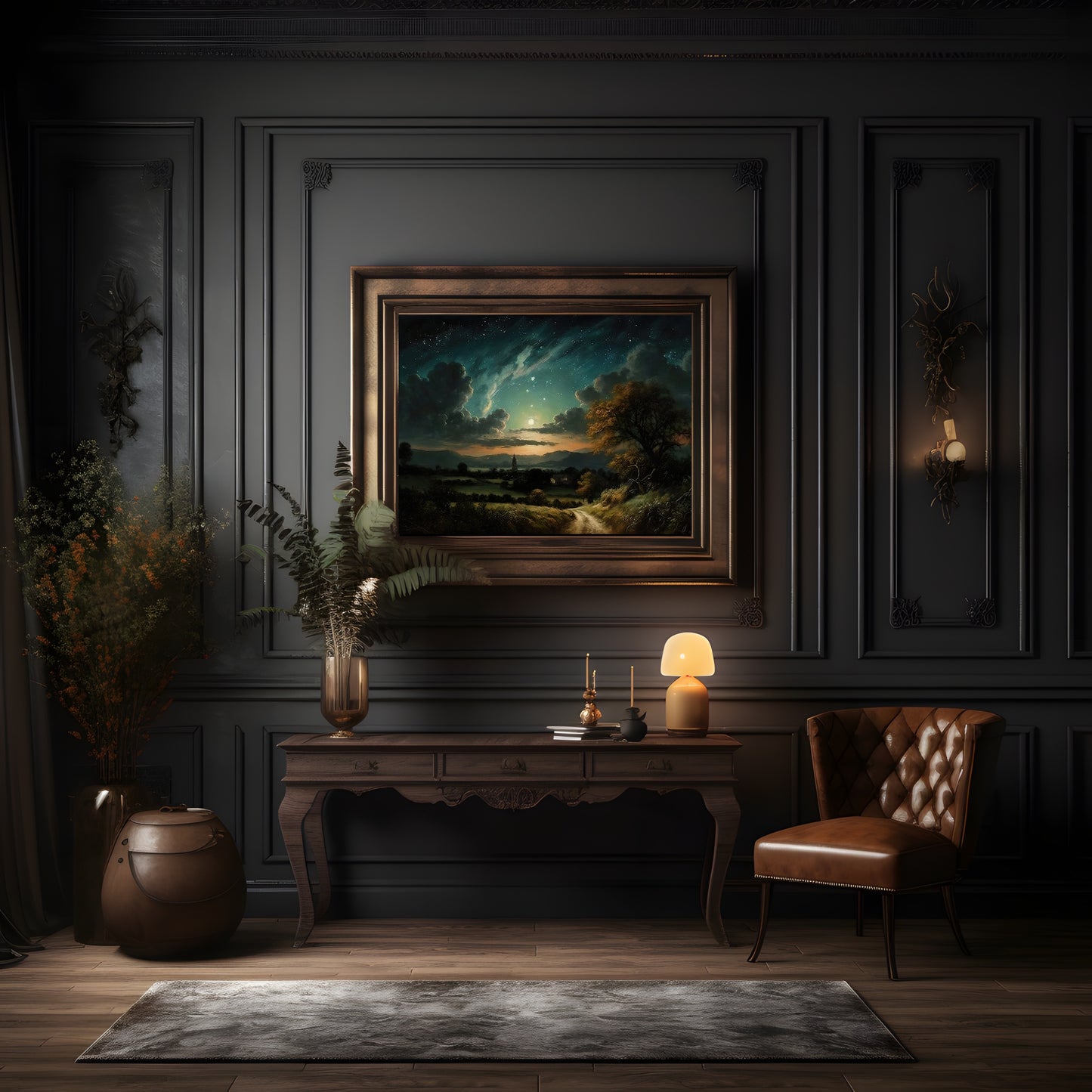 Vintage Star Gazing Nightsky Paper Poster Prints Vintage Oil Painting & Wall Art Village at full moon with star night sky