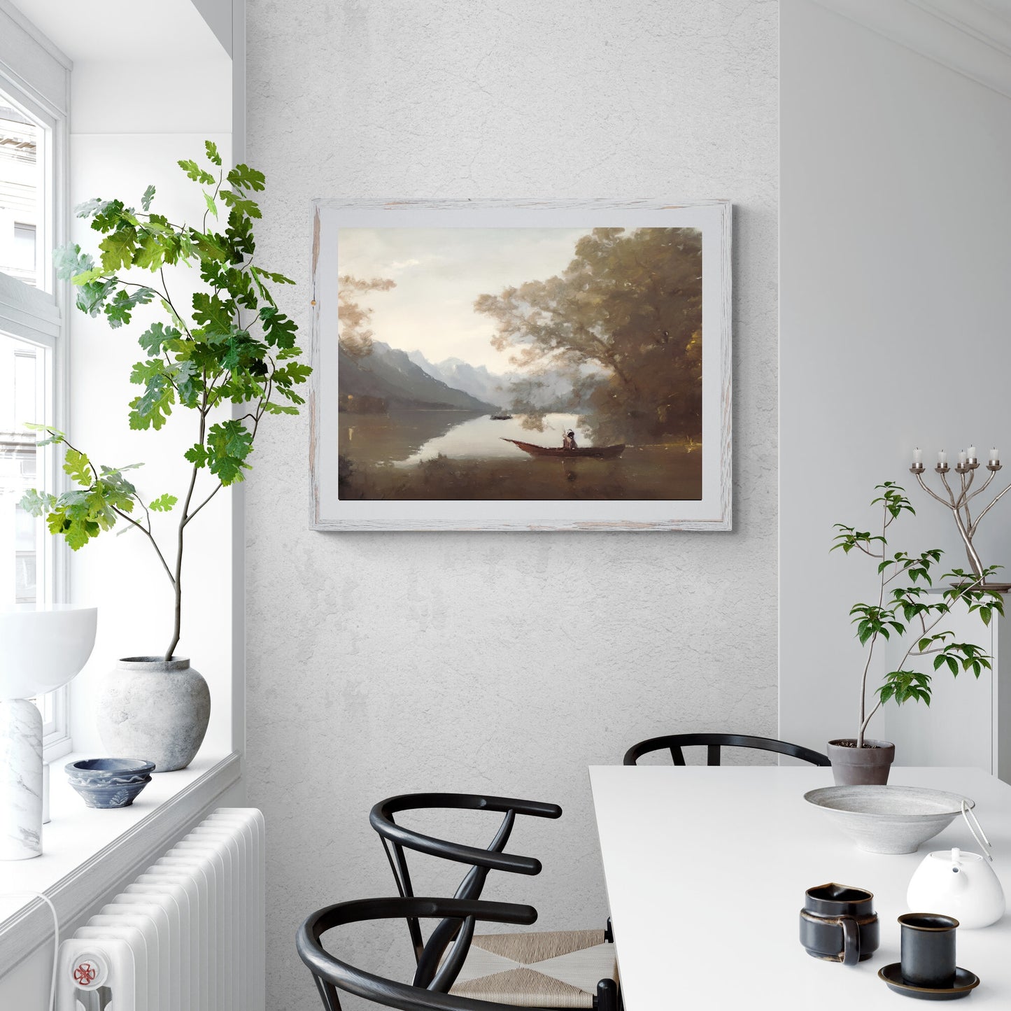 Vintage Lake Landscape Painting Paper Poster Prints Vintage Oil Painting & Wall Art tranquill lake with a boat, Antique art