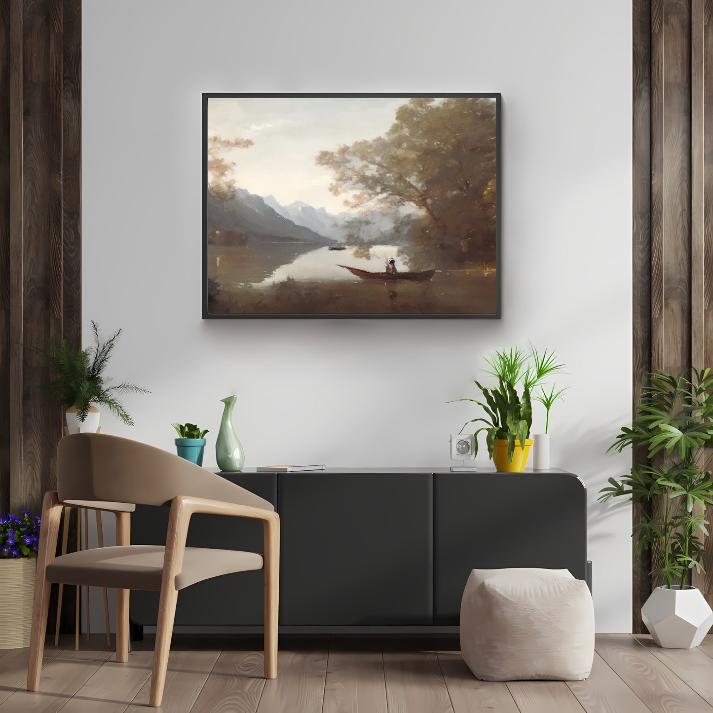 Vintage Lake Landscape Painting Paper Poster Prints Vintage Oil Painting & Wall Art tranquill lake with a boat, Antique art