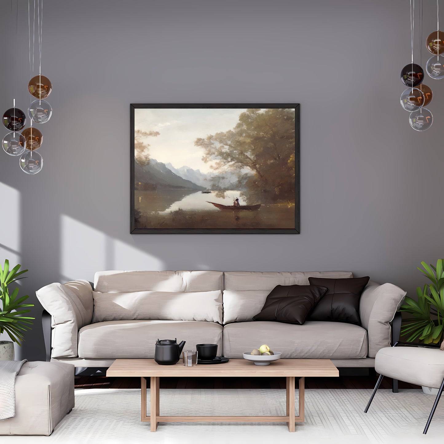 Vintage Lake Landscape Painting Paper Poster Prints Vintage Oil Painting & Wall Art tranquill lake with a boat, Antique art