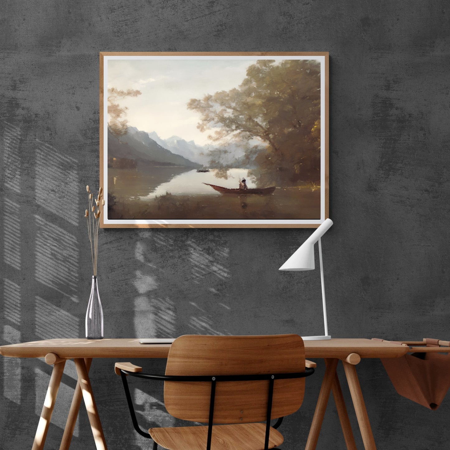 Vintage Lake Landscape Painting Paper Poster Prints Vintage Oil Painting & Wall Art tranquill lake with a boat, Antique art