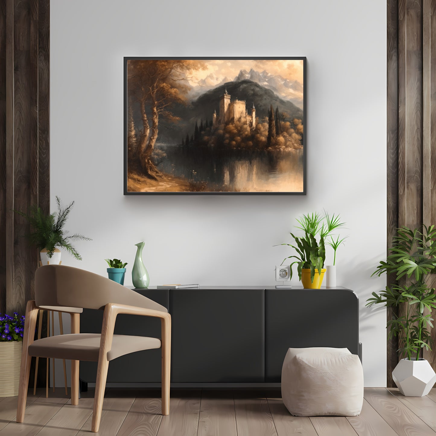 Vintage Castle Lake Painting Paper Poster Prints Vintage Oil Painting & Wall Art tranquill lake with a castle on island, Antique art