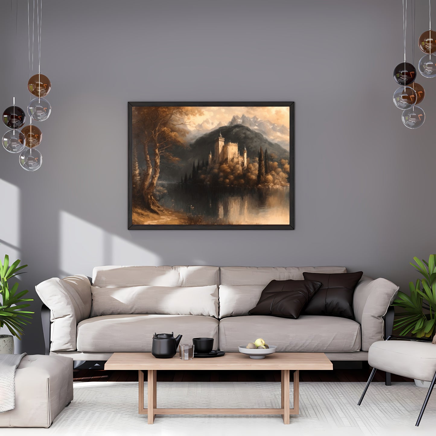 Vintage Castle Lake Painting Paper Poster Prints Vintage Oil Painting & Wall Art tranquill lake with a castle on island, Antique art